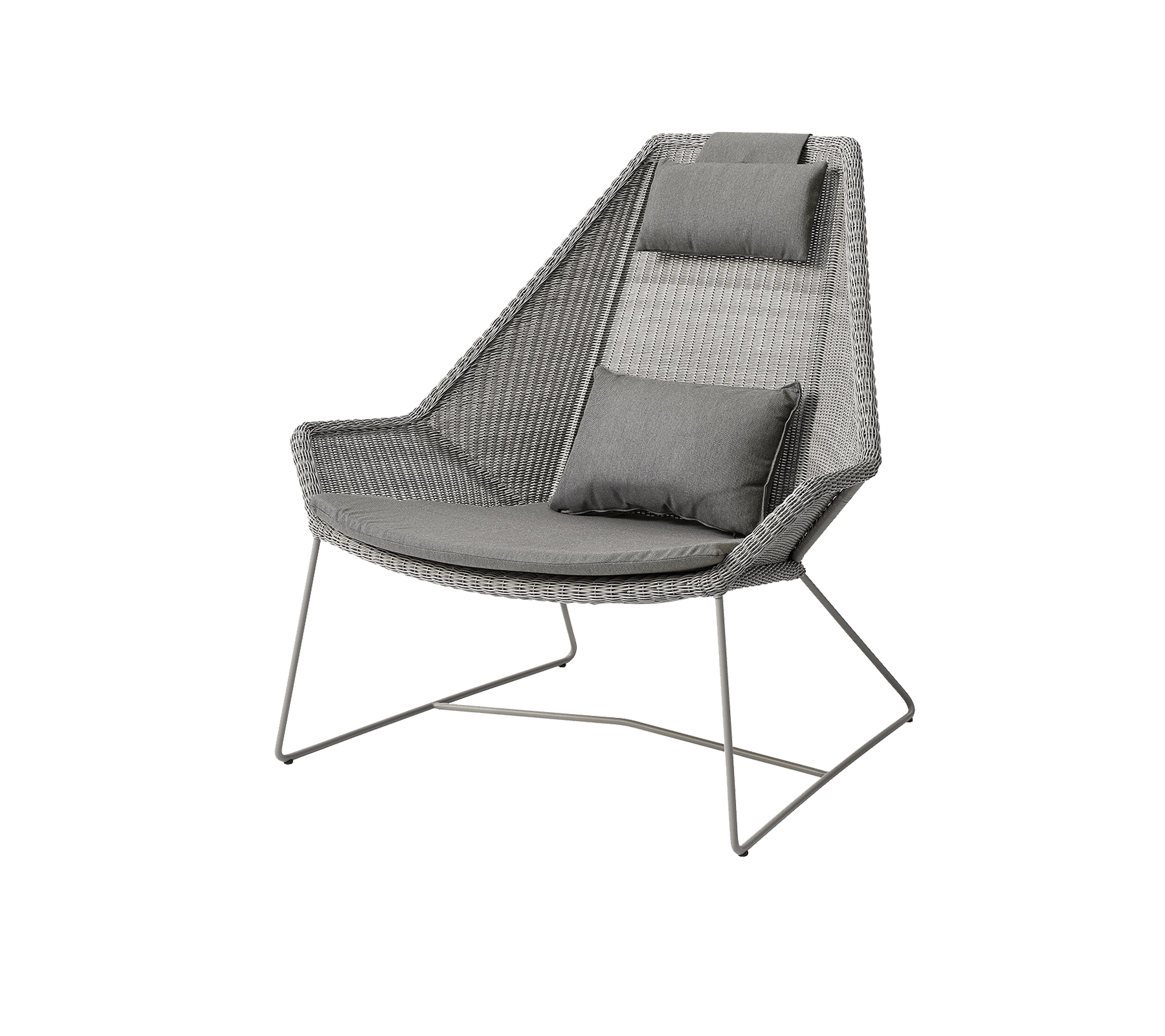 Stylish chair featuring a sleek woven design with comfortable gray cushions, perfect for contemporary spaces.