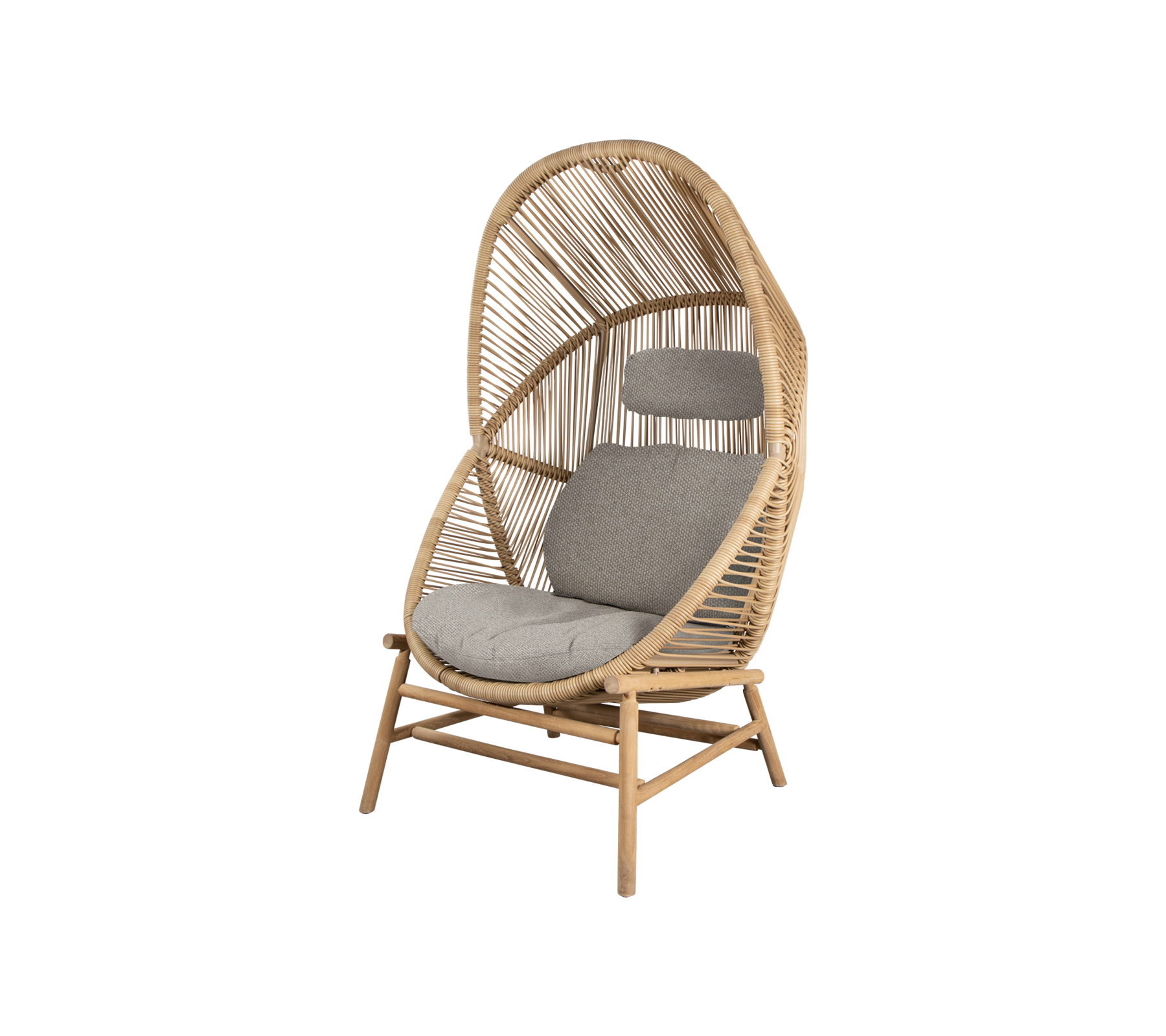 A stylish chair with an arching backrest, crafted from natural materials, featuring soft gray cushions for comfort.