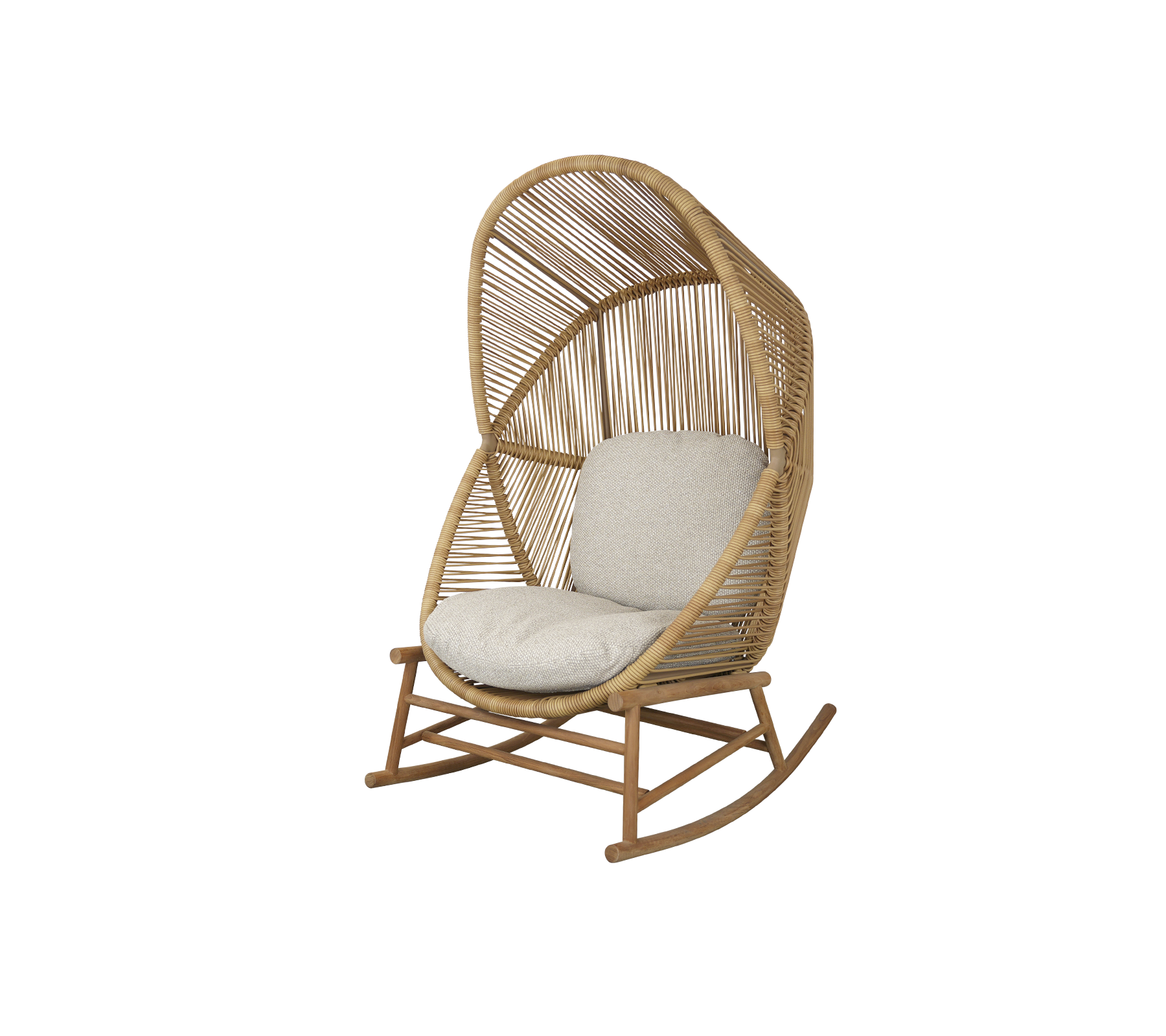 A stylish rocking chair featuring a woven design and a soft cushion, perfect for cozy relaxation.