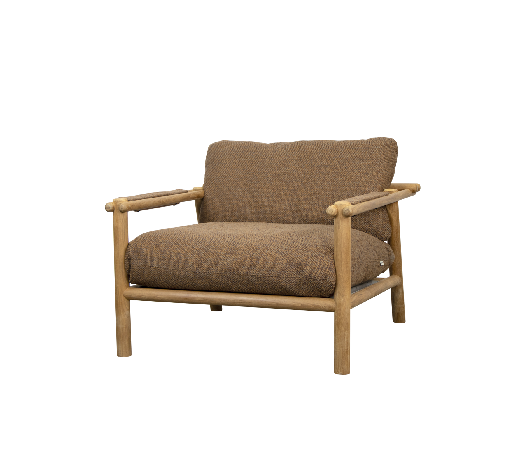 A comfortable chair with a wooden frame and soft brown cushions, designed for relaxation and style.
