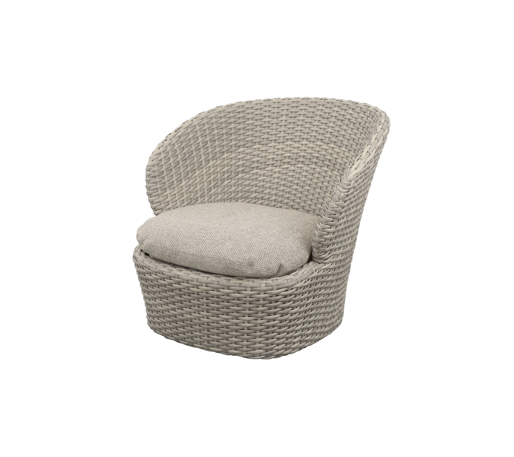 Cozy, curved chair with a woven design and plush cushion, offering a comfortable seating option for relaxation.