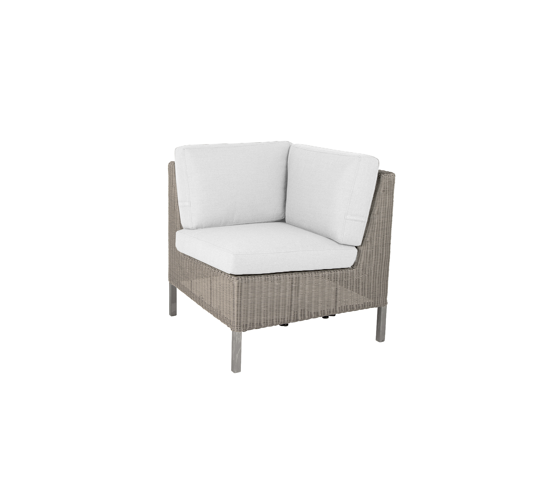 Corner chair with a woven exterior and plush white cushions, perfect for adding comfort and style to any space.