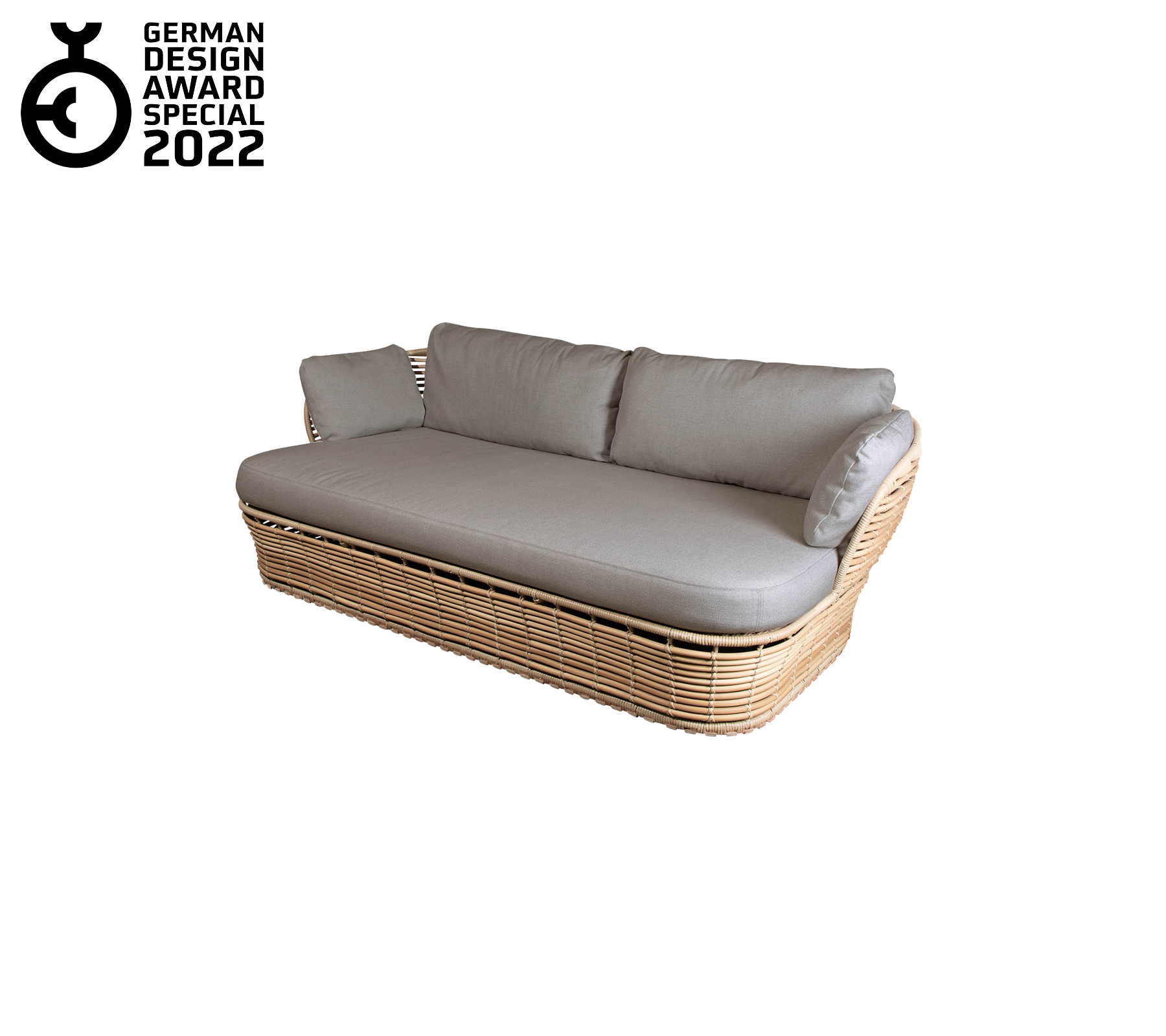 Contemporary sofa with a woven base and plush gray cushions, featuring a sleek design and elegant aesthetic. Awarded in 2022.