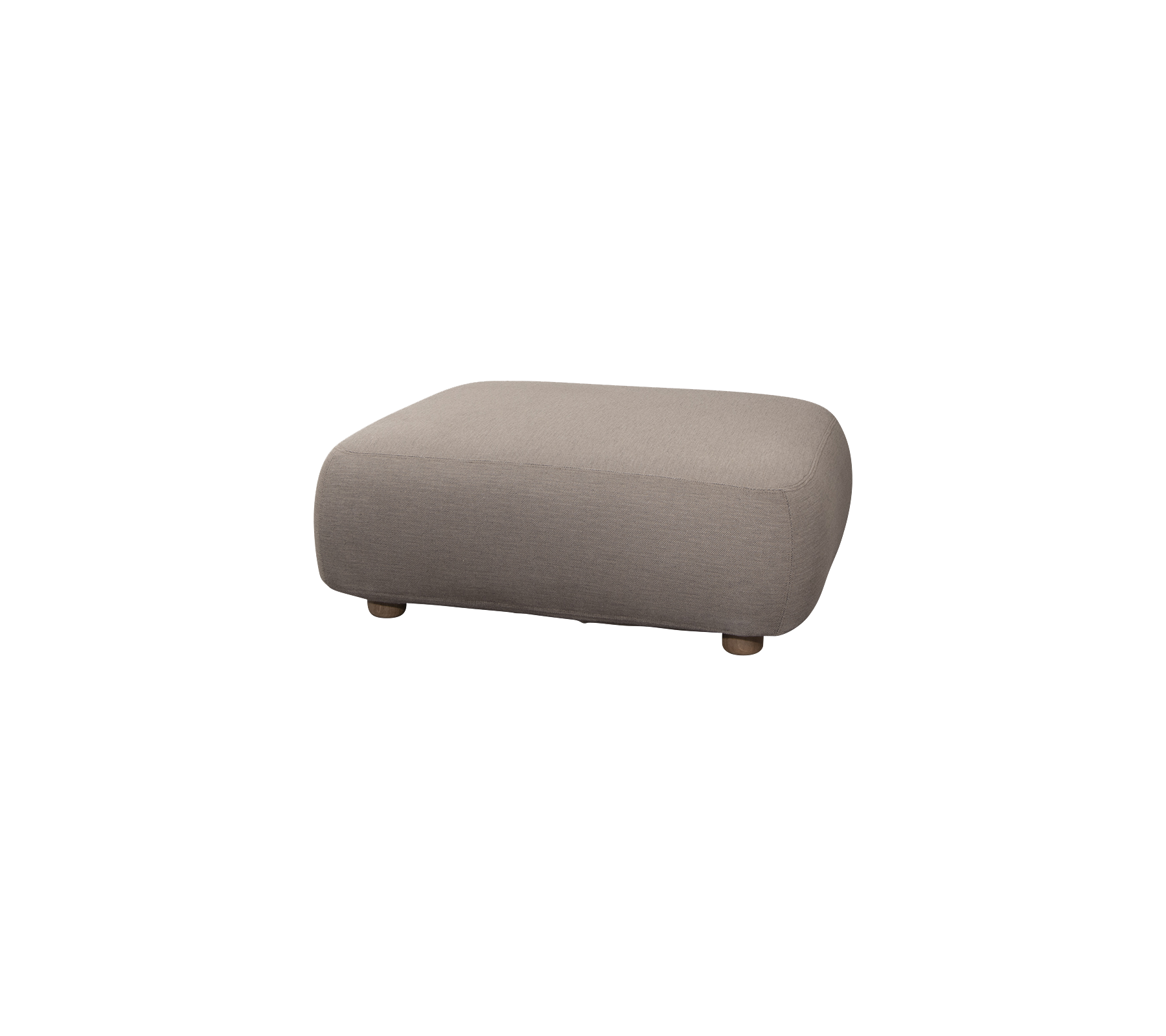 Soft, rectangular ottoman in a neutral tone with rounded edges and wooden legs, perfect for additional seating or as a footrest.