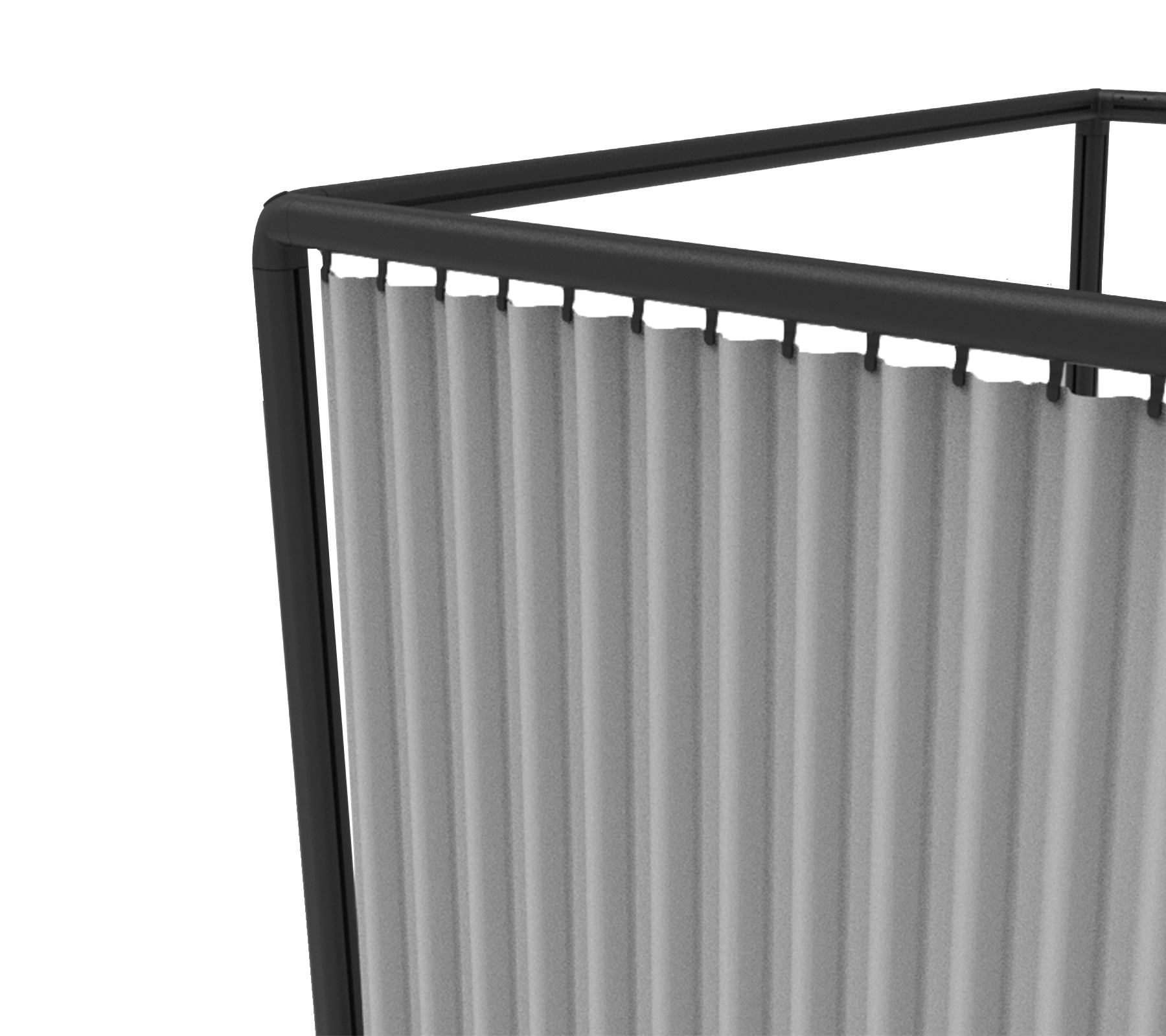 A black-framed partition with vertically oriented, light-colored panels, designed to create separation or privacy.