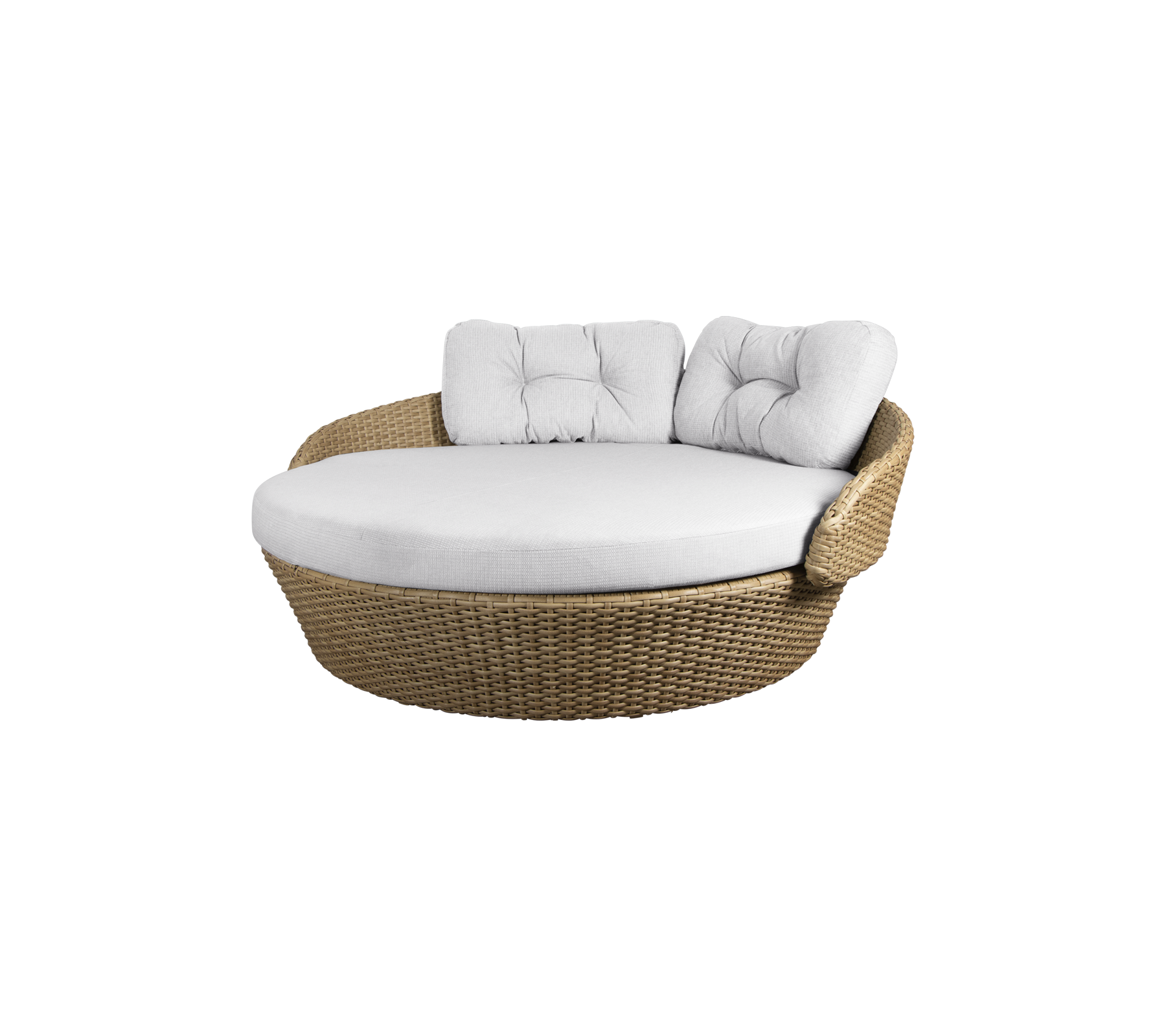 Round wicker lounge chair with a plush white cushion and two backrest cushions for comfort. Ideal for relaxation.