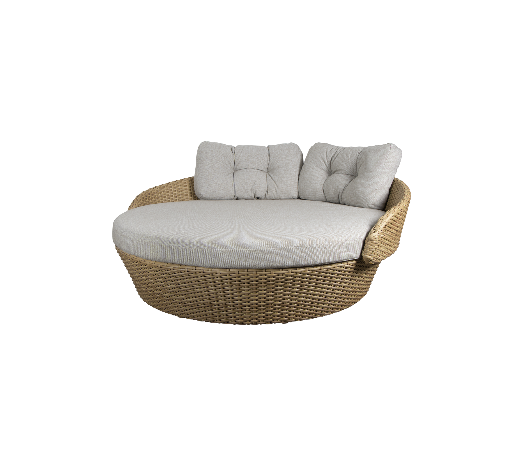 Round wicker lounge chair with soft gray cushions, designed for comfort and relaxation. Ideal for lounging or socializing.