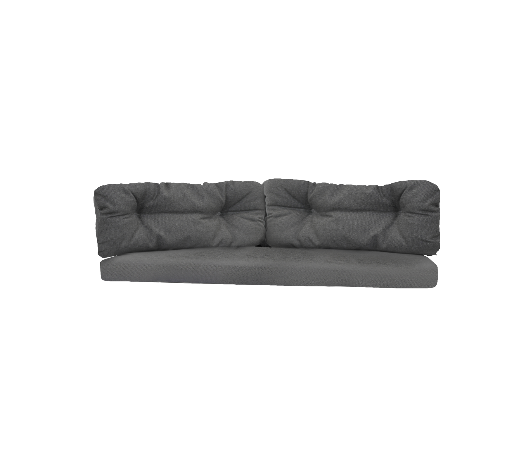 Dark gray sofa with tufted cushions, featuring a modern design and spacious seating for comfortable relaxation.