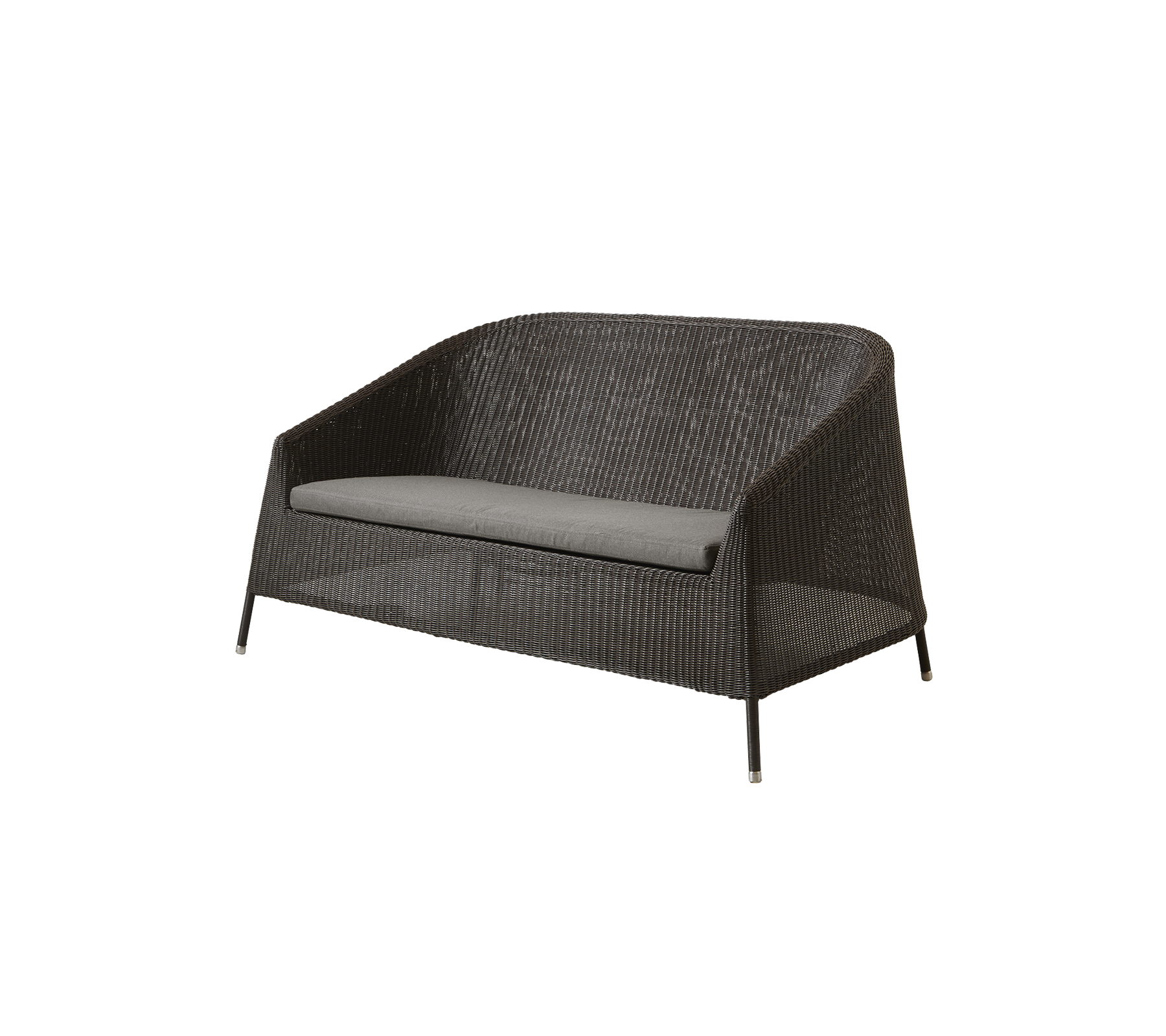 Stylish two-seater sofa with a durable woven design and a grey cushion, perfect for outdoor relaxation and comfort.