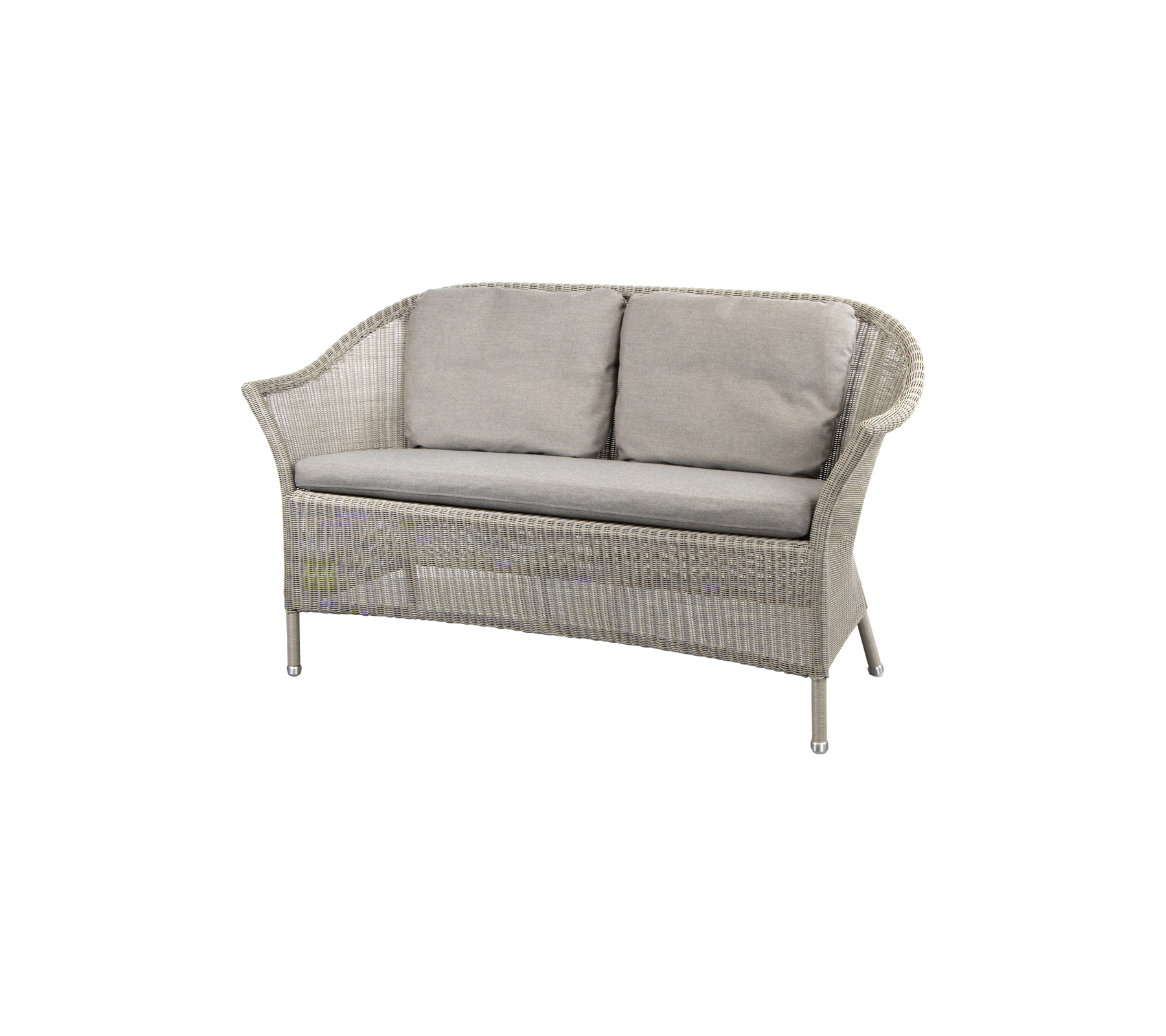 A stylish two-seater sofa with a woven frame and soft gray cushions, perfect for cozy seating options.