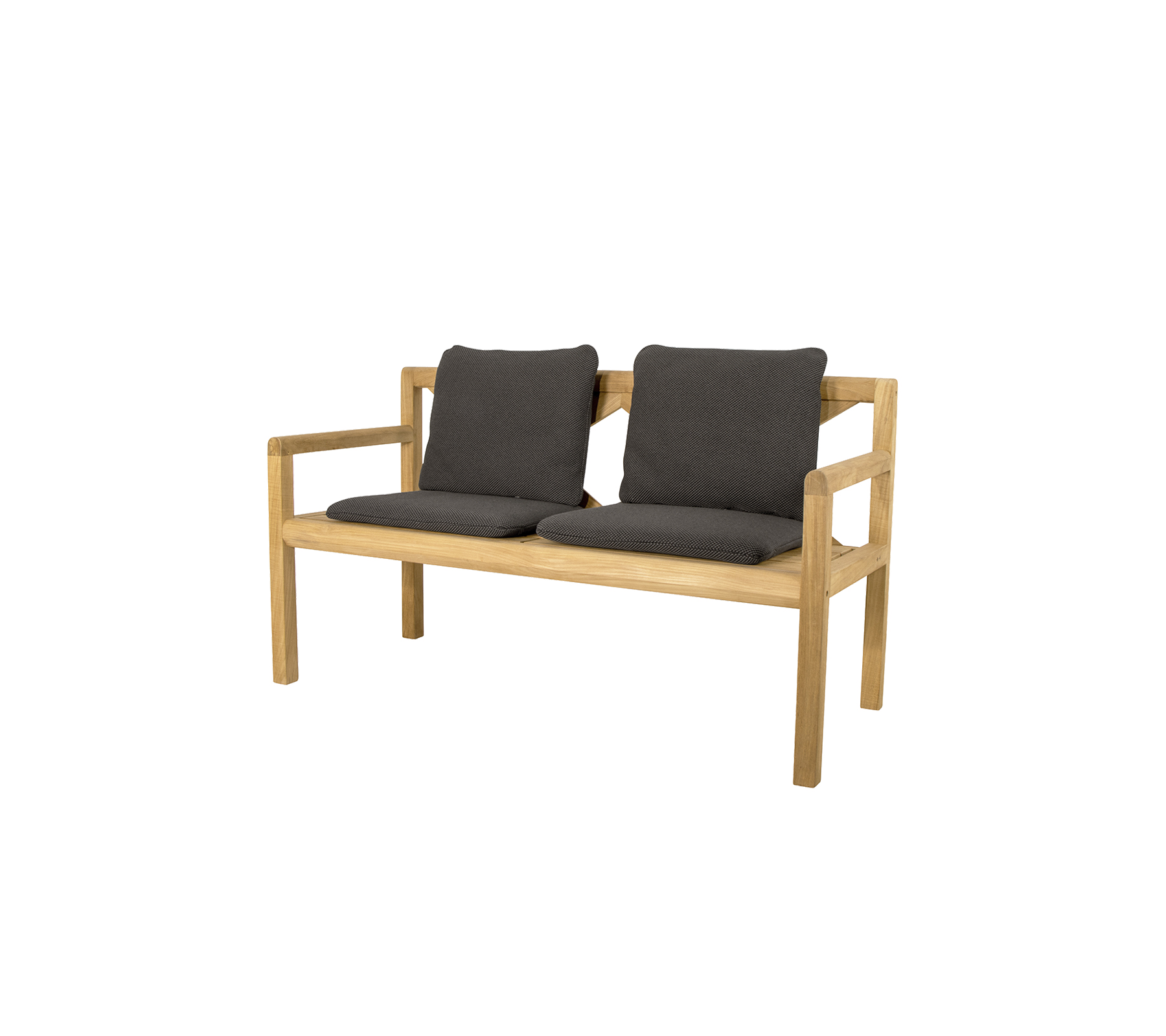 Two-person wooden bench with comfortable dark gray cushions, featuring a simple and modern design. Ideal for casual seating.