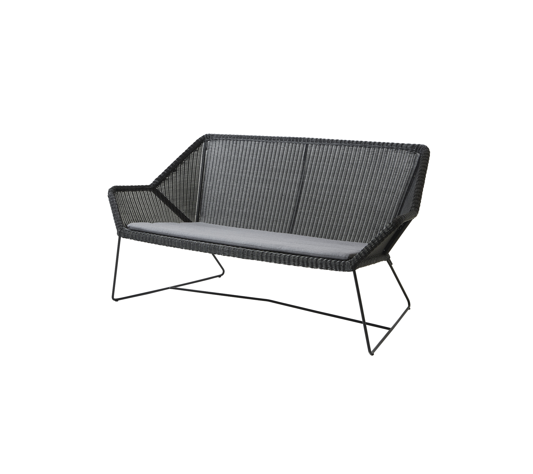 Stylish two-seater sofa with a woven design and comfortable grey cushion, featuring sleek metal legs for support.