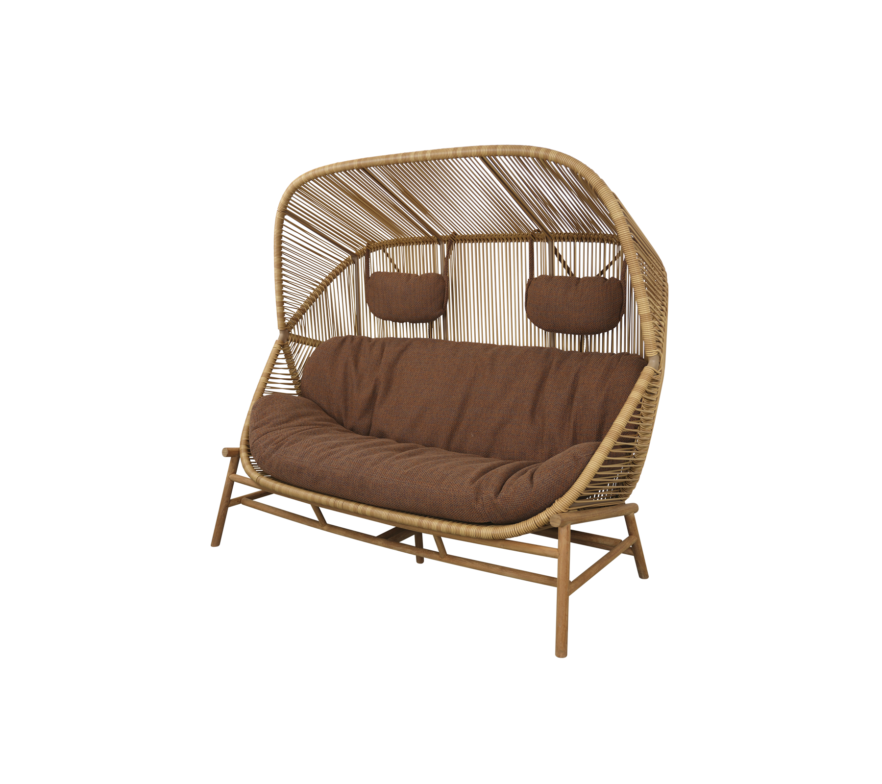 Stylish dual-seater with a curved bamboo frame, featuring cozy cushions and two padded armrests for added comfort.