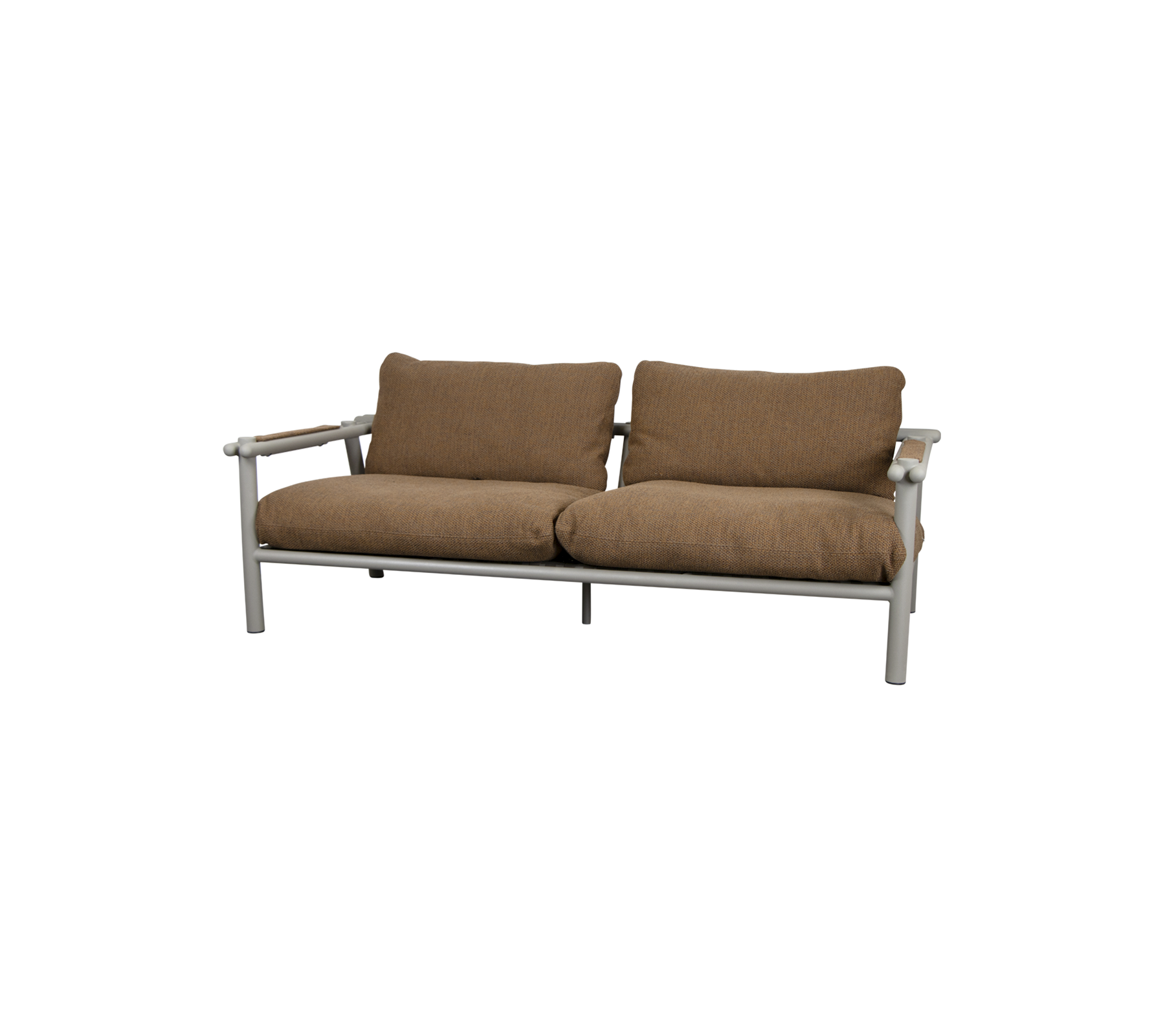 A comfortable two-seat sofa with plush brown cushions and a sleek metal frame, ideal for relaxation and style.