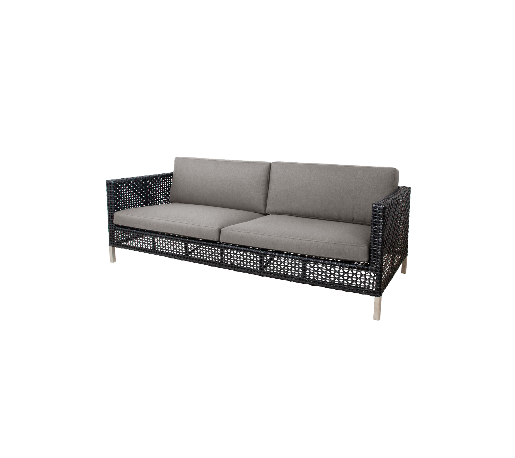 Stylish sofa featuring a woven design and gray cushions, designed for comfort and modern aesthetics. Perfect for any seating area.