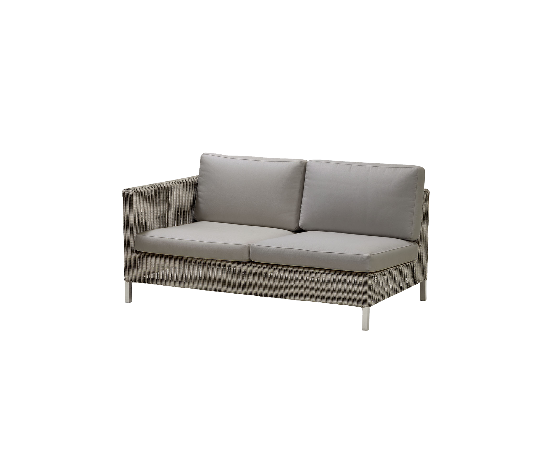 Stylish sofa with a woven frame and plush gray cushions, offering comfort and modern design for seating arrangements.