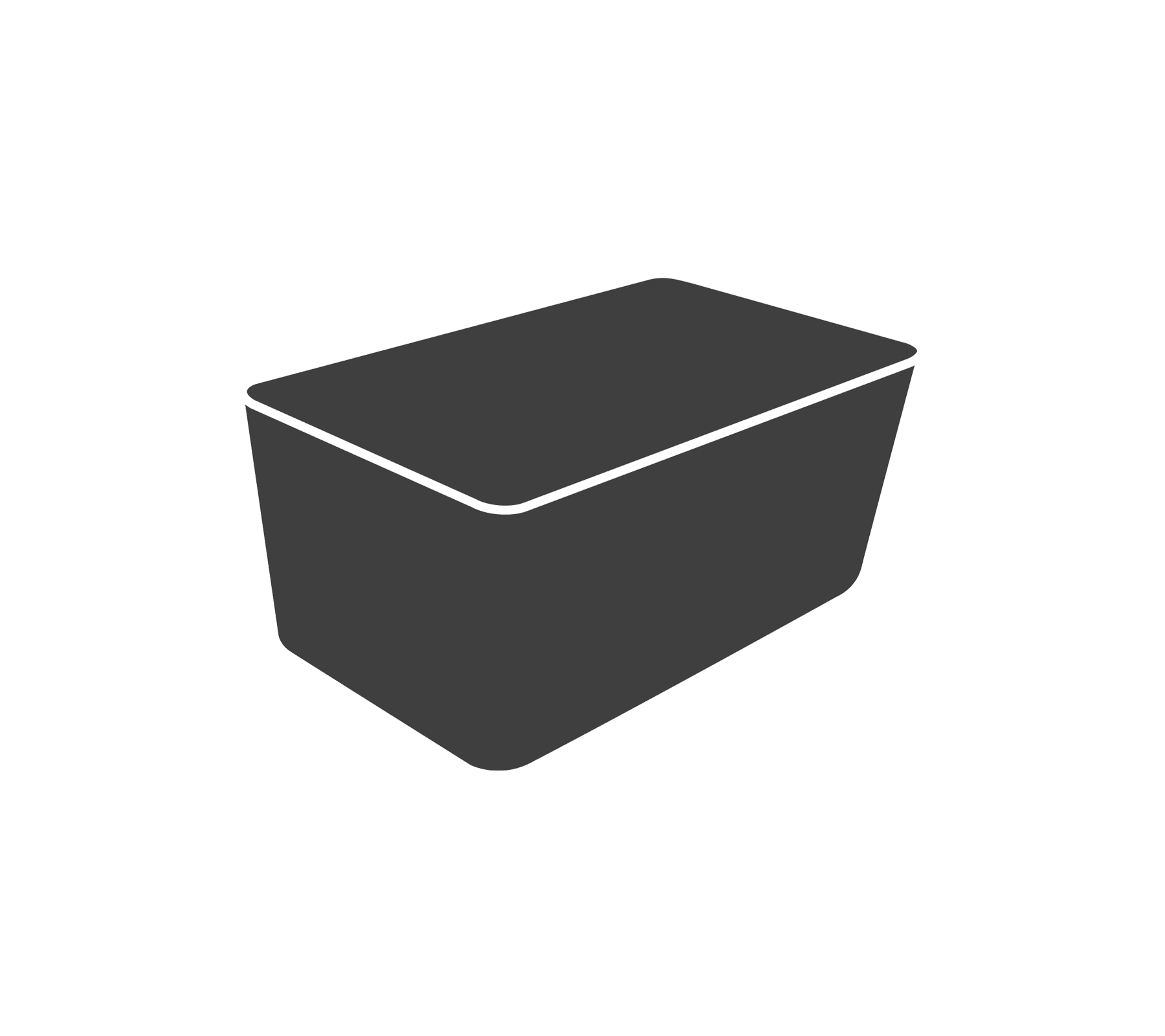 A simple rectangular container with a flat lid, designed for storage or transport, in a dark gray color.