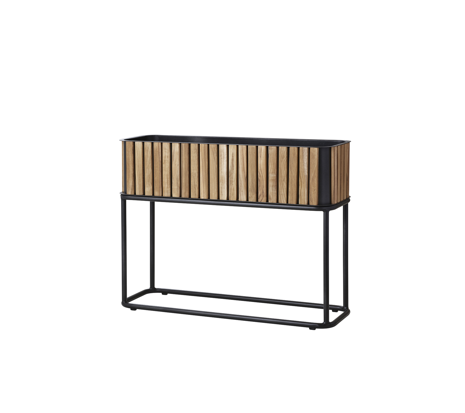 Wooden planter box with a slatted design, supported by a sleek metal frame, suitable for displaying plants or flowers.