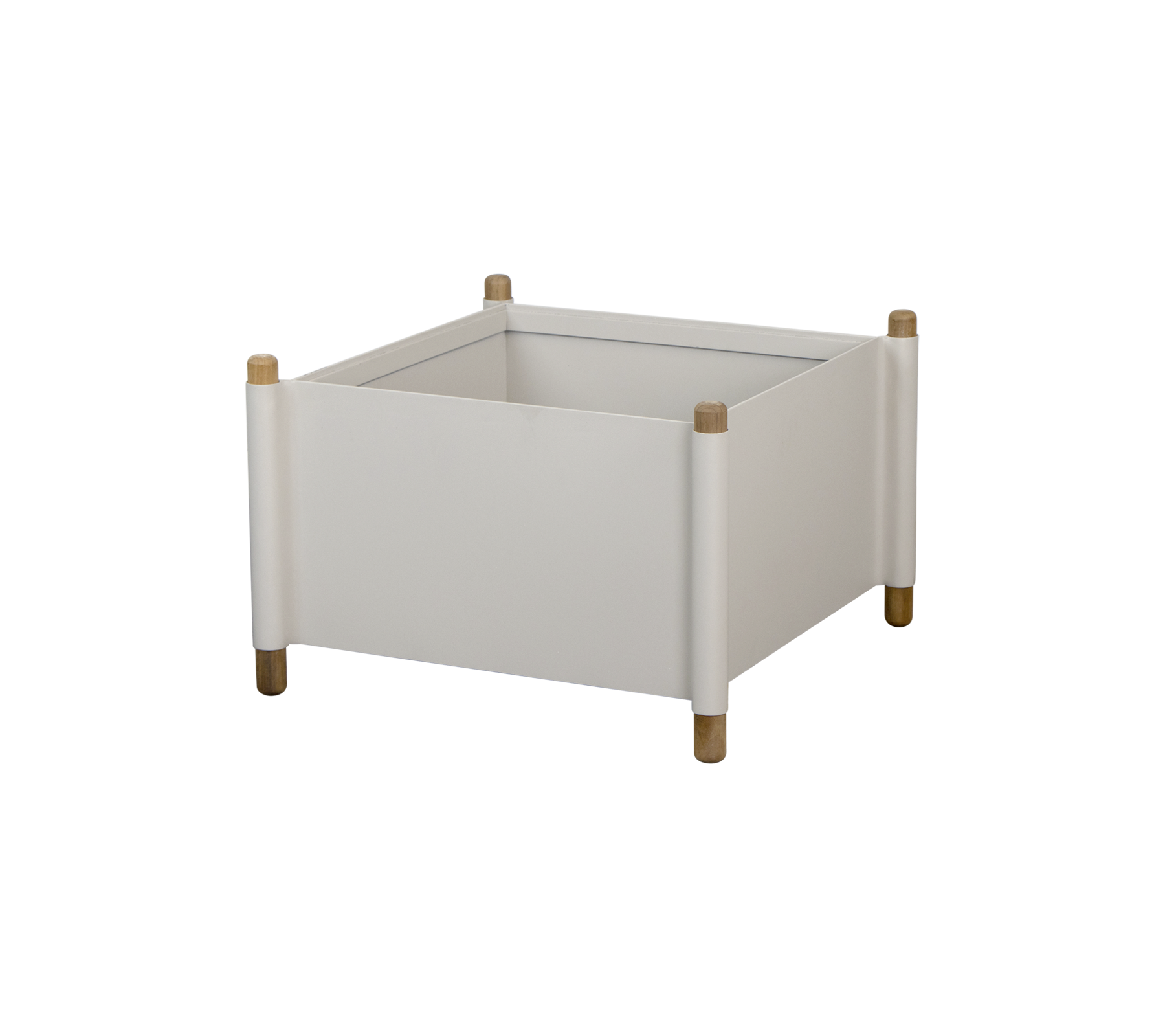 Square white storage box with wooden legs and rounded corners, suitable for organizing various items.