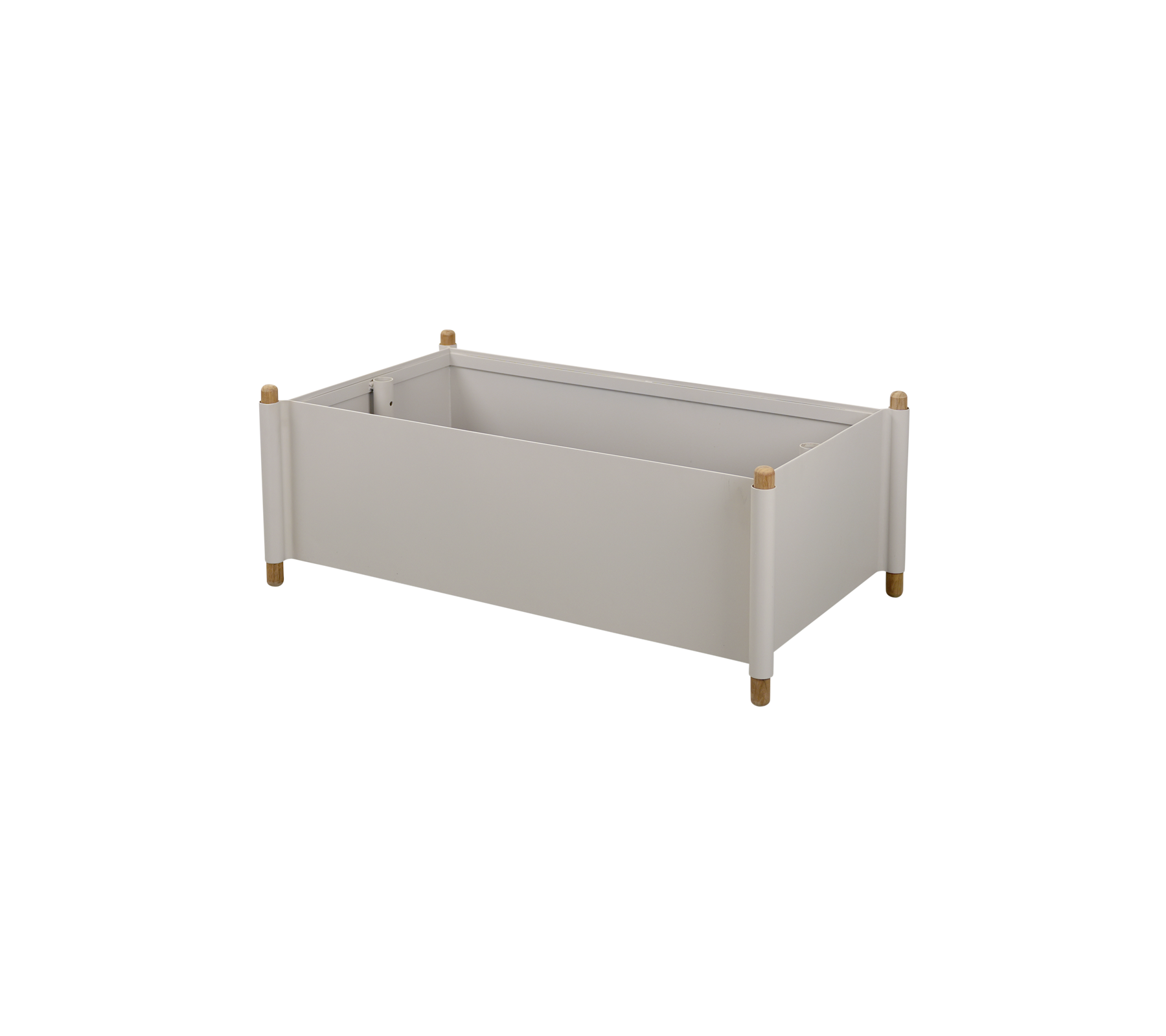 Light gray storage box with wooden legs and a minimalist design, suitable for organizing various items.