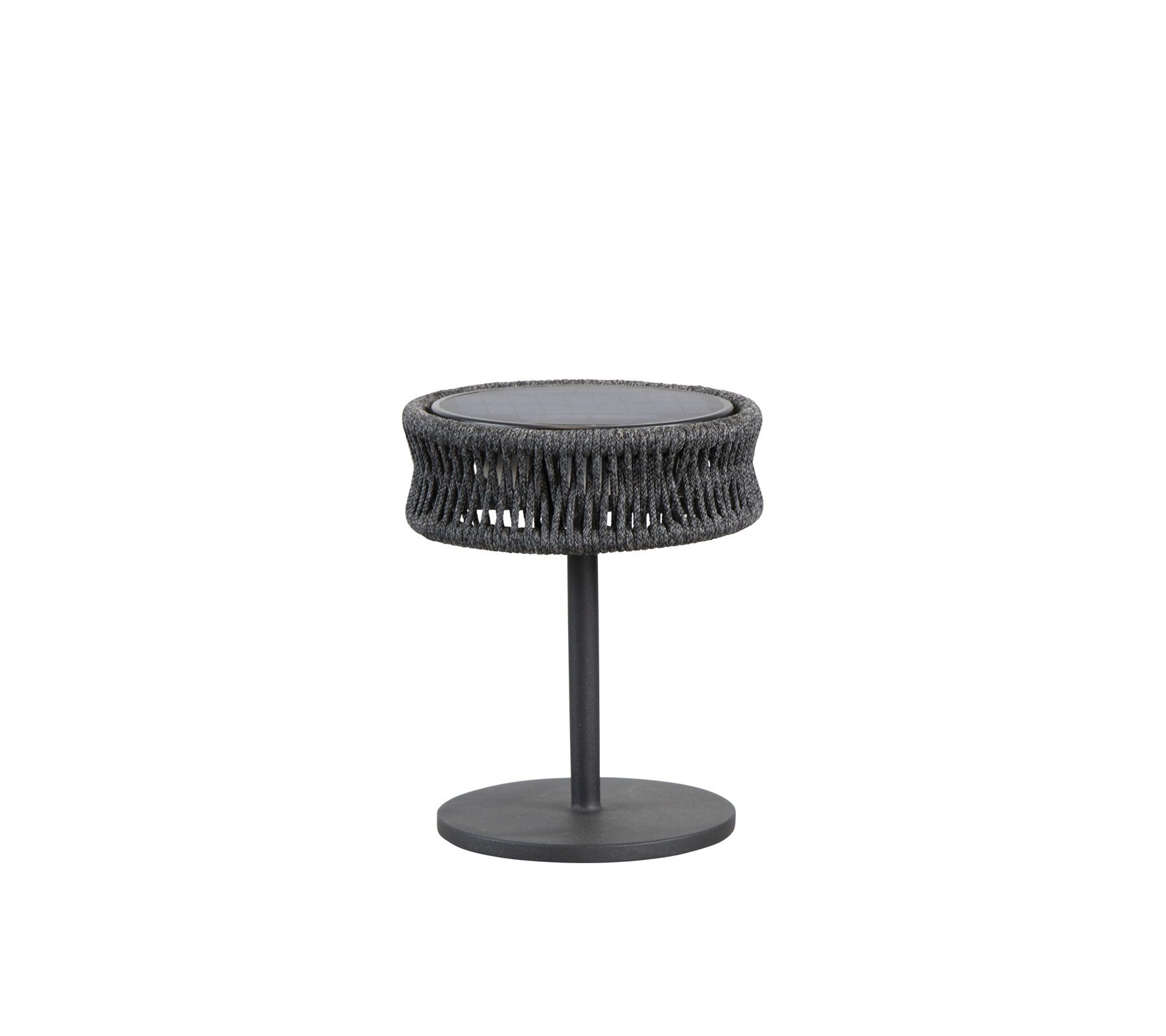 Round side table featuring a textured woven design with a sleek metal base, ideal for adding style to any space.