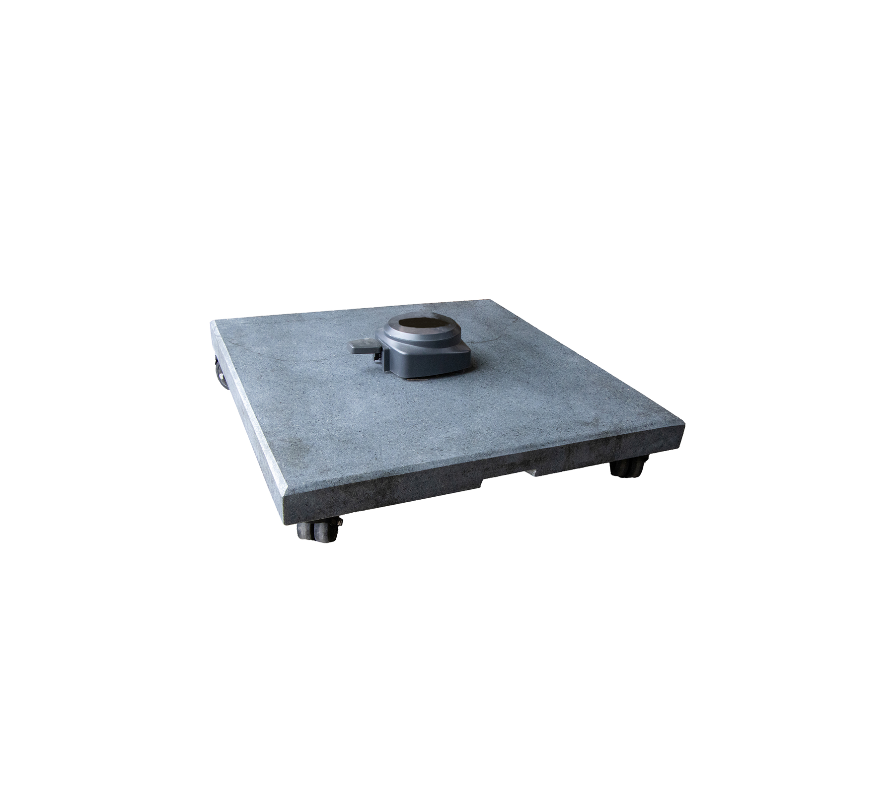 A square concrete base with a central attachment point and adjustable feet, designed for stability and support in various applications.