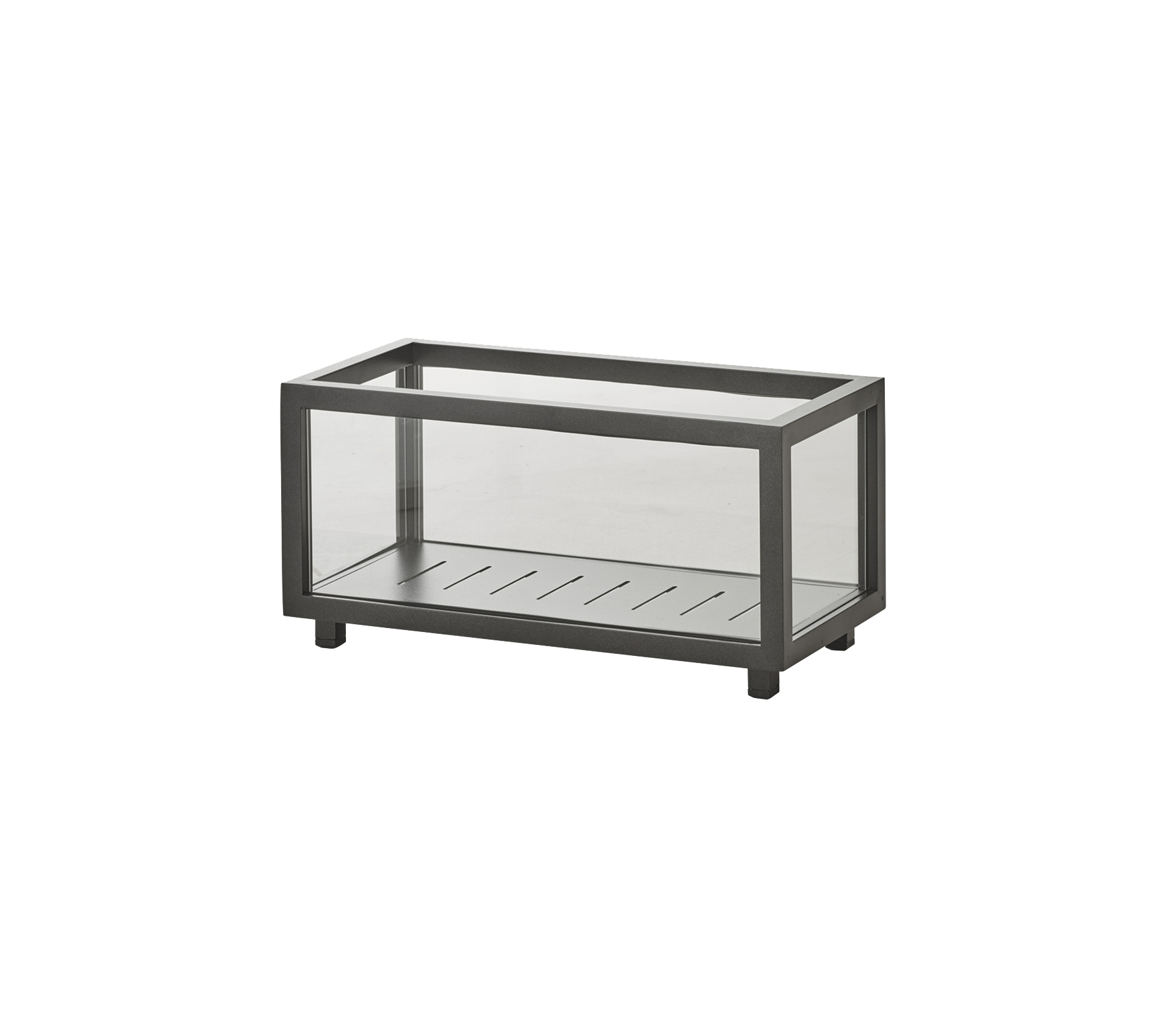 Rectangular glass display case with a sleek metal frame, featuring a slotted base for showcasing items effectively.