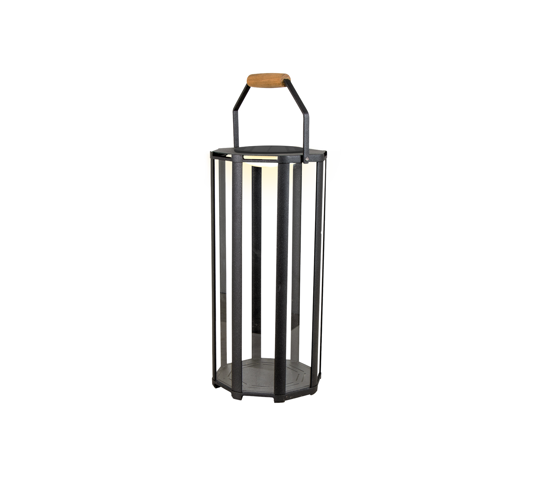 A cylindrical lantern featuring a metal frame with vertical bars and a wooden handle, designed for LED lighting.