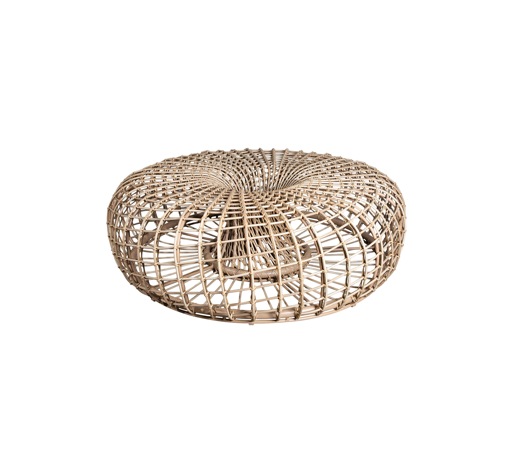 Round woven natural fiber pouf with a textured design, perfect as a versatile accent piece for any space.