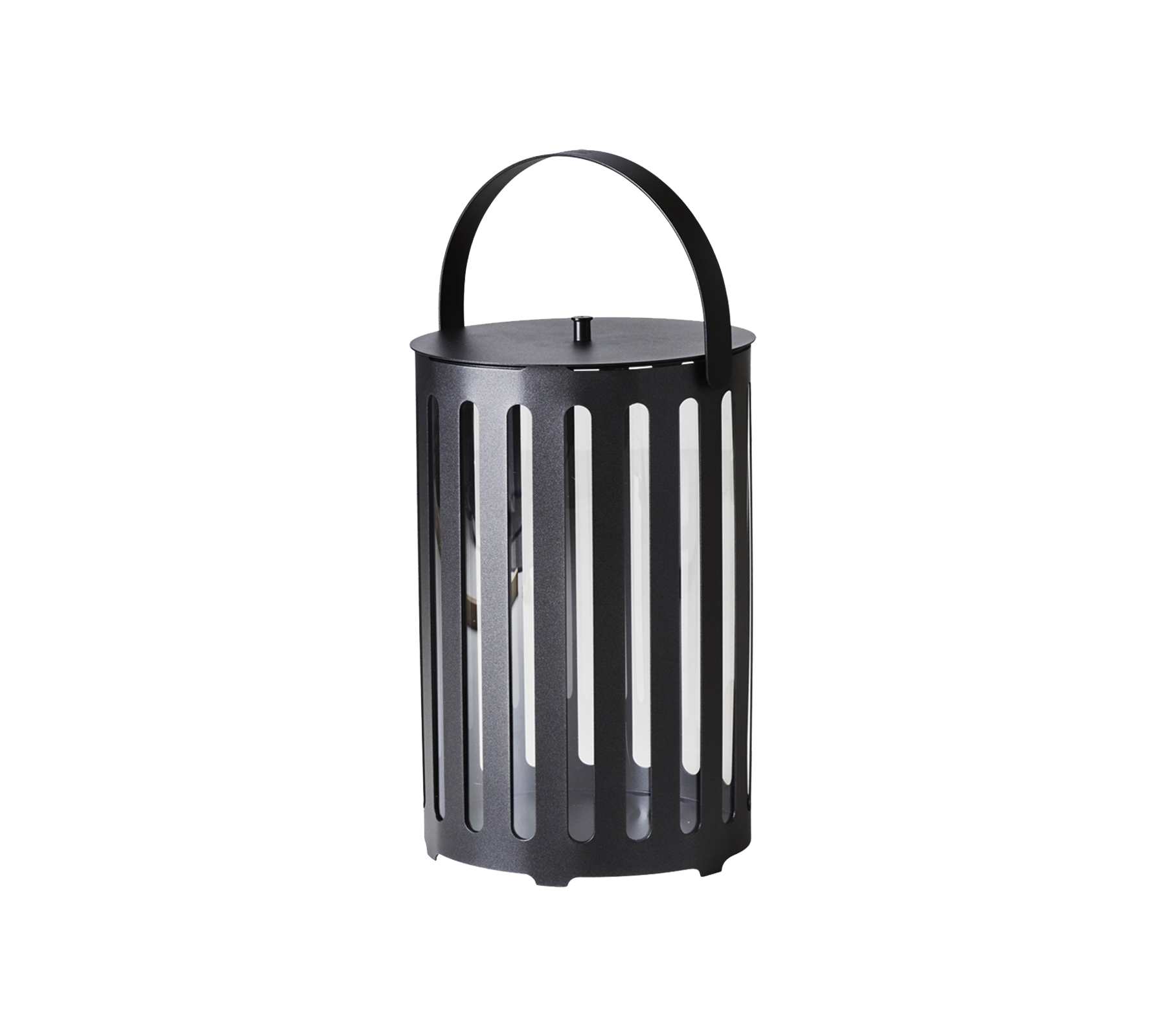 Black metal lantern with vertical slats and a handle, designed for decorative lighting.