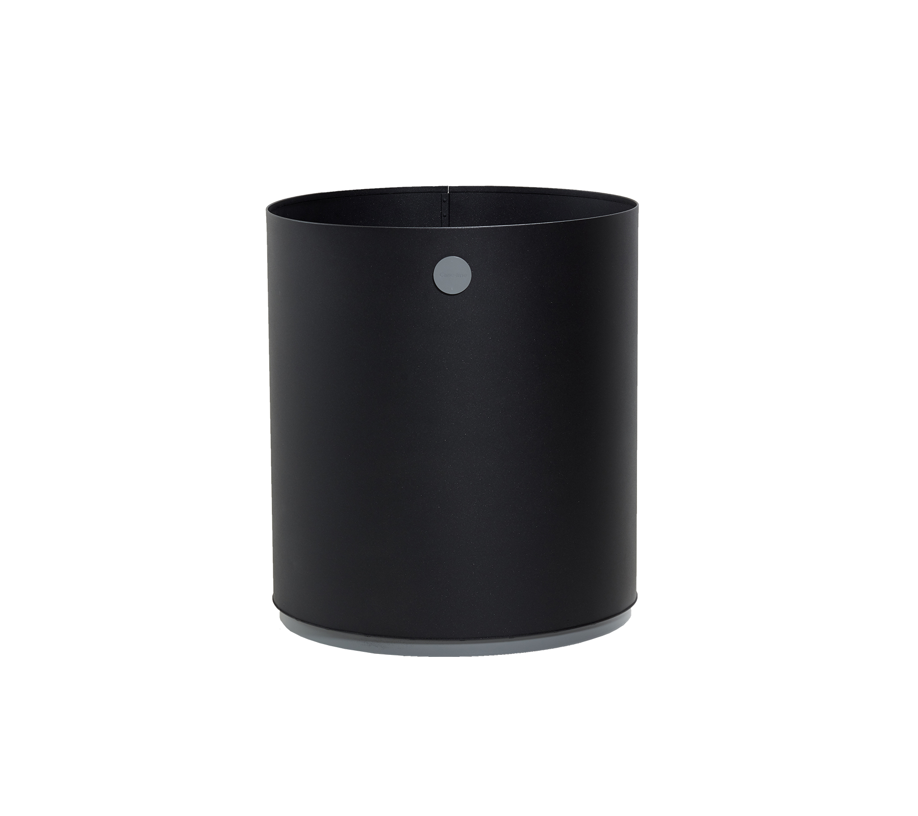 Black cylindrical container with a smooth matte finish and a small circular detail on the side, ideal for various storage needs.