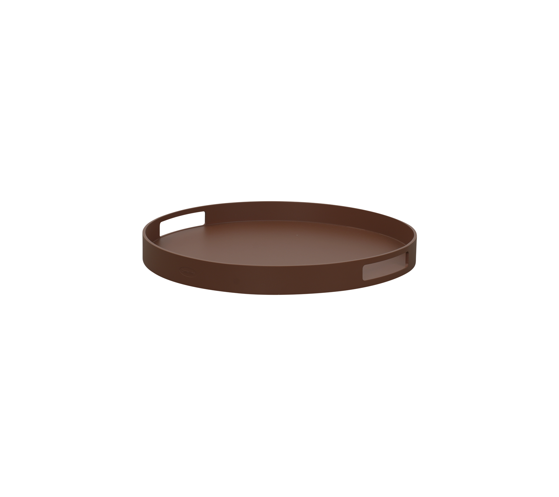 Round brown tray with a smooth surface and a small indentation for easy handling. Ideal for serving or organizing items.