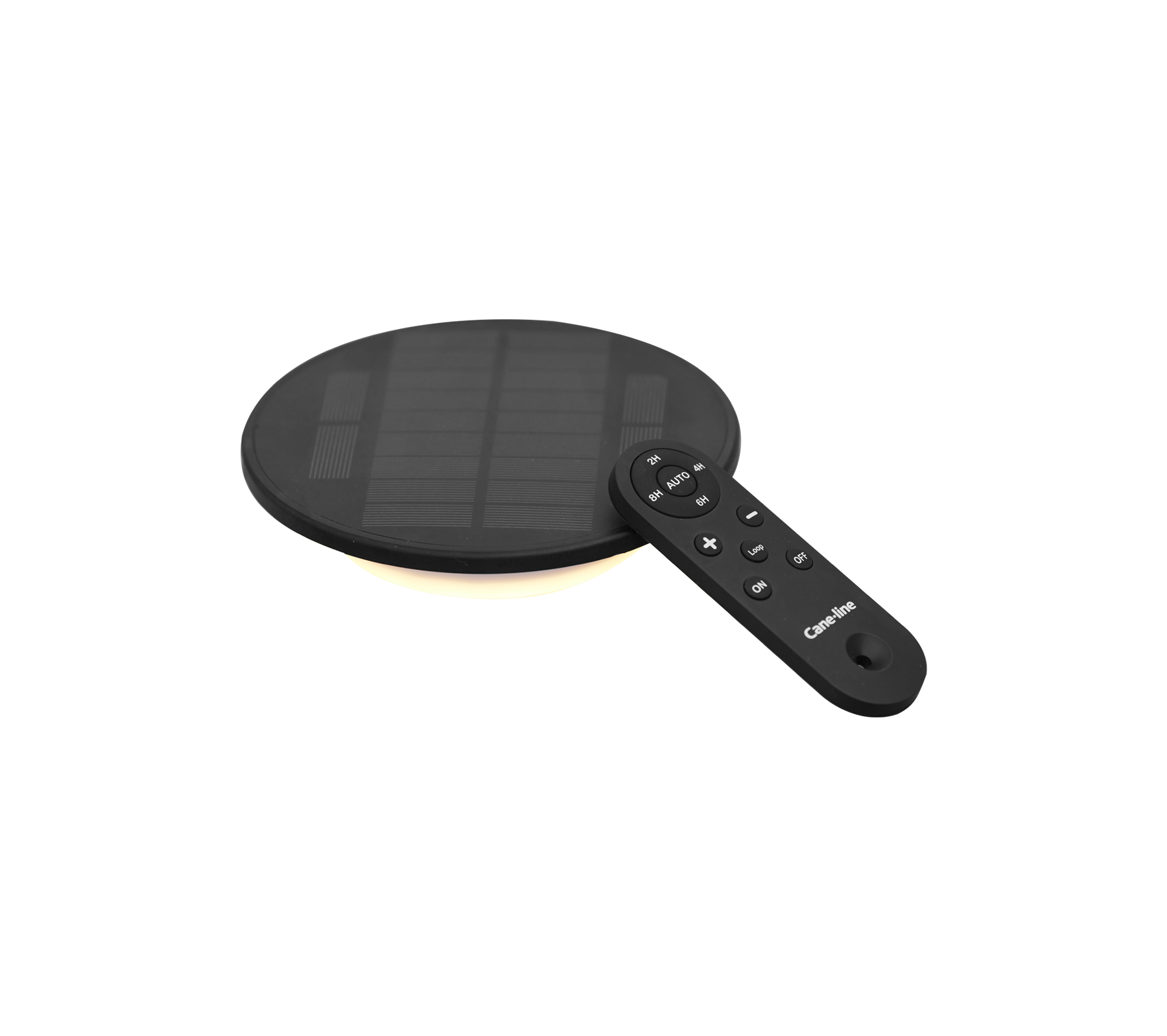 Black solar LED light with a round shape and a remote control for adjustable settings.