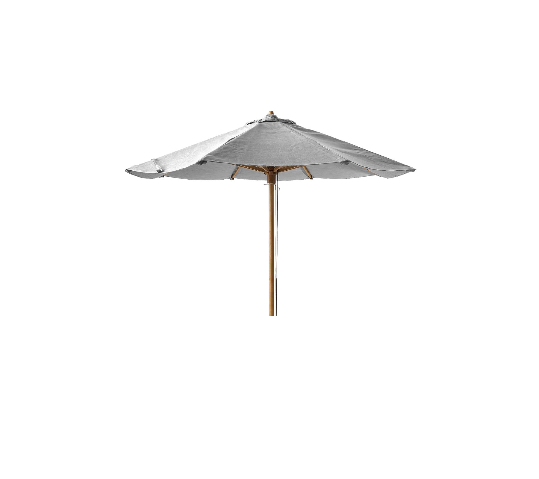 A light-colored umbrella with a wooden pole, designed for shade and outdoor relaxation.