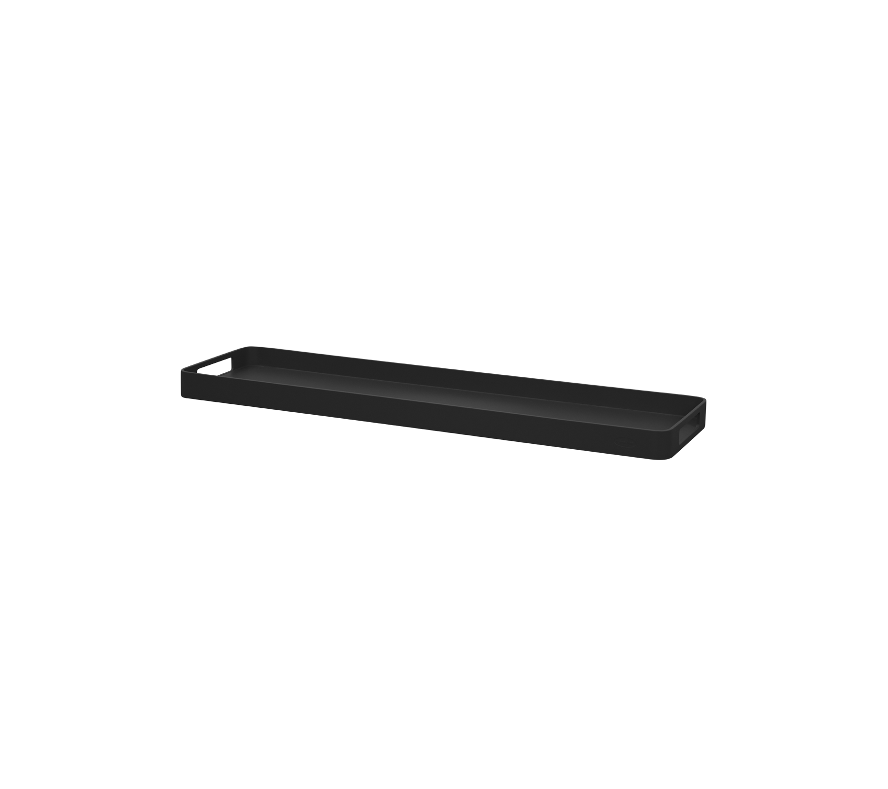 Black rectangular tray with shallow edges, suitable for organizing items or serving.
