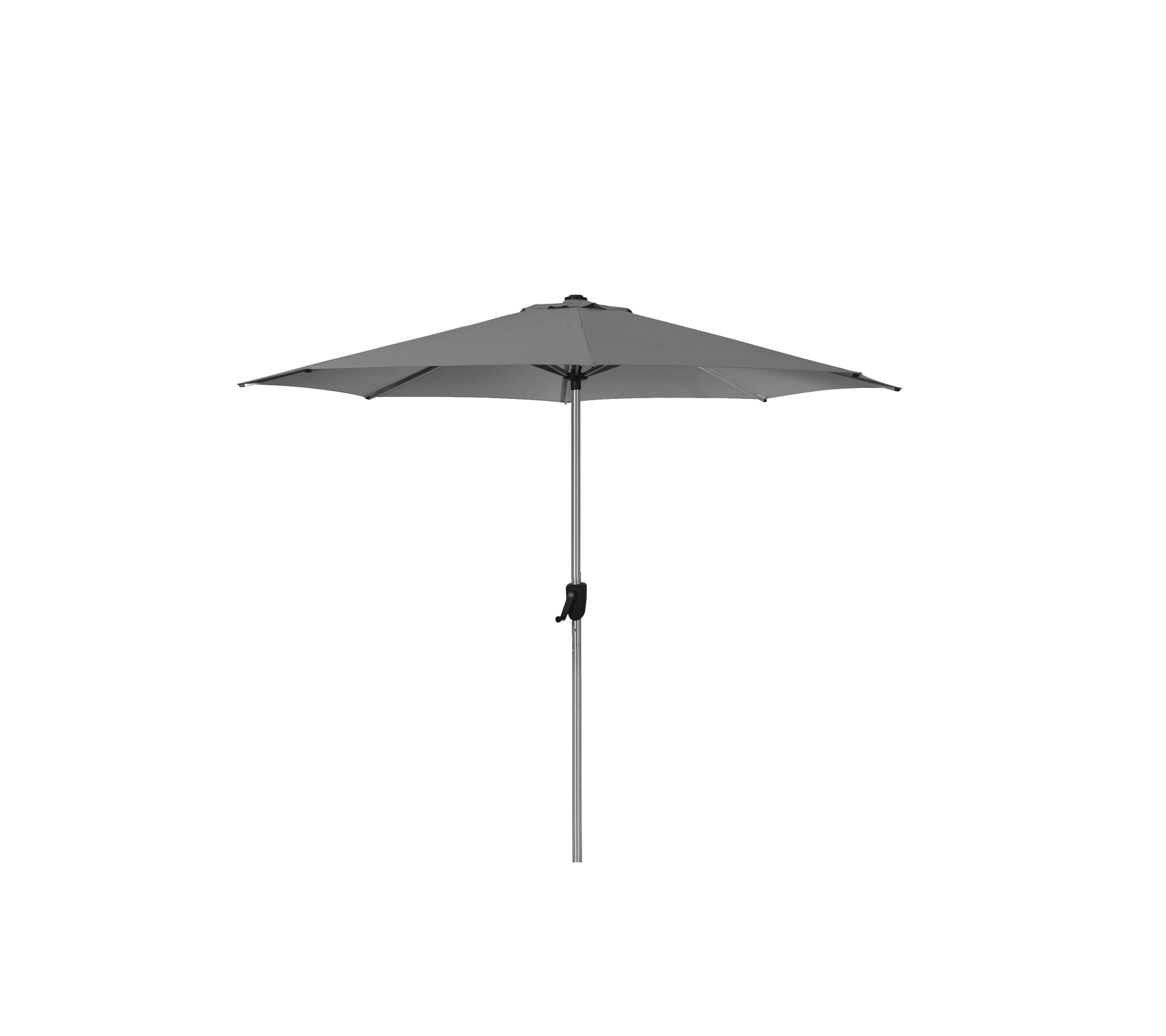 Gray patio umbrella on a slender pole, featuring a tilting mechanism for versatile shade coverage.