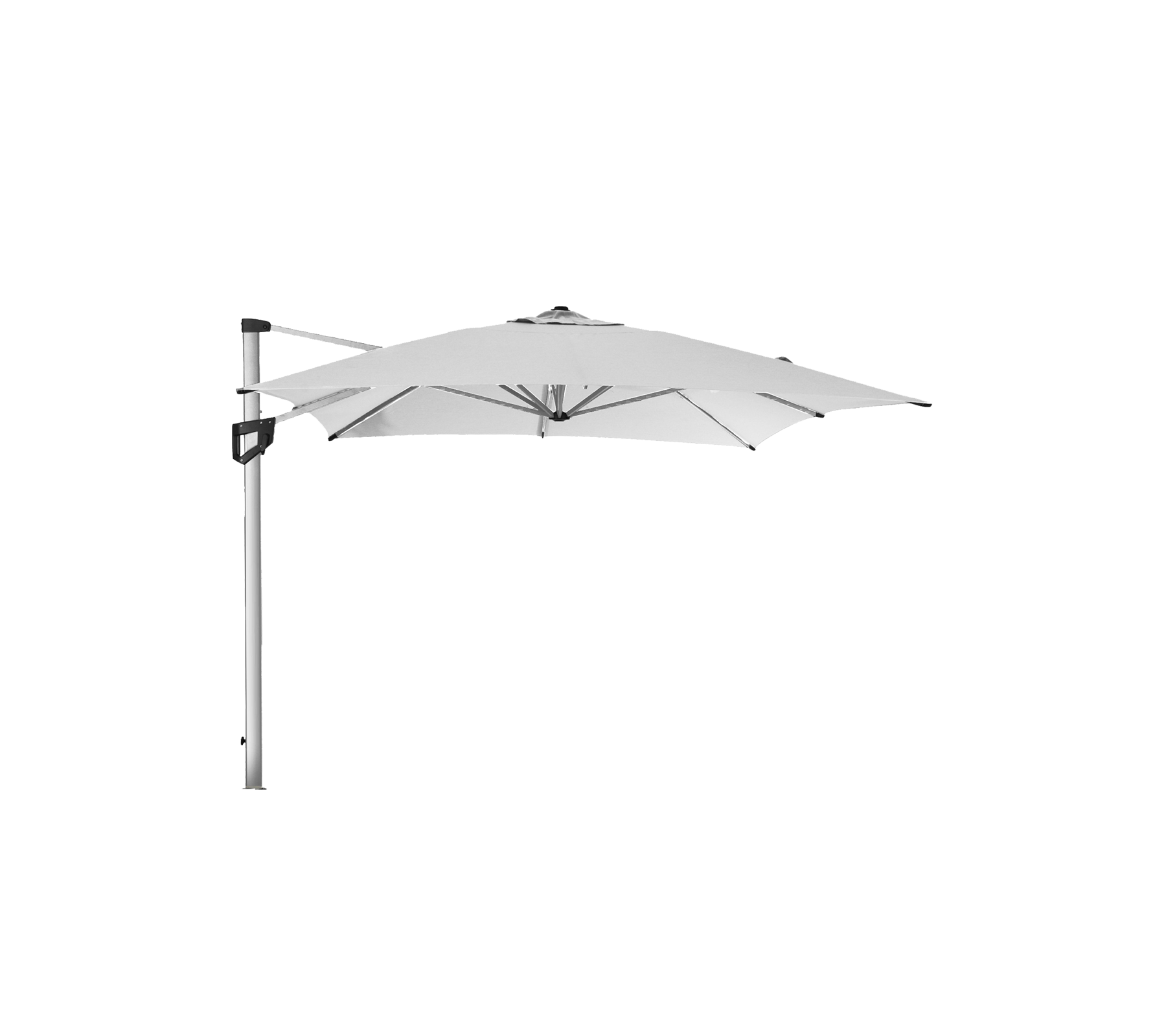 A sleek, white cantilever umbrella with a sturdy silver pole, providing shade and style for outdoor settings.