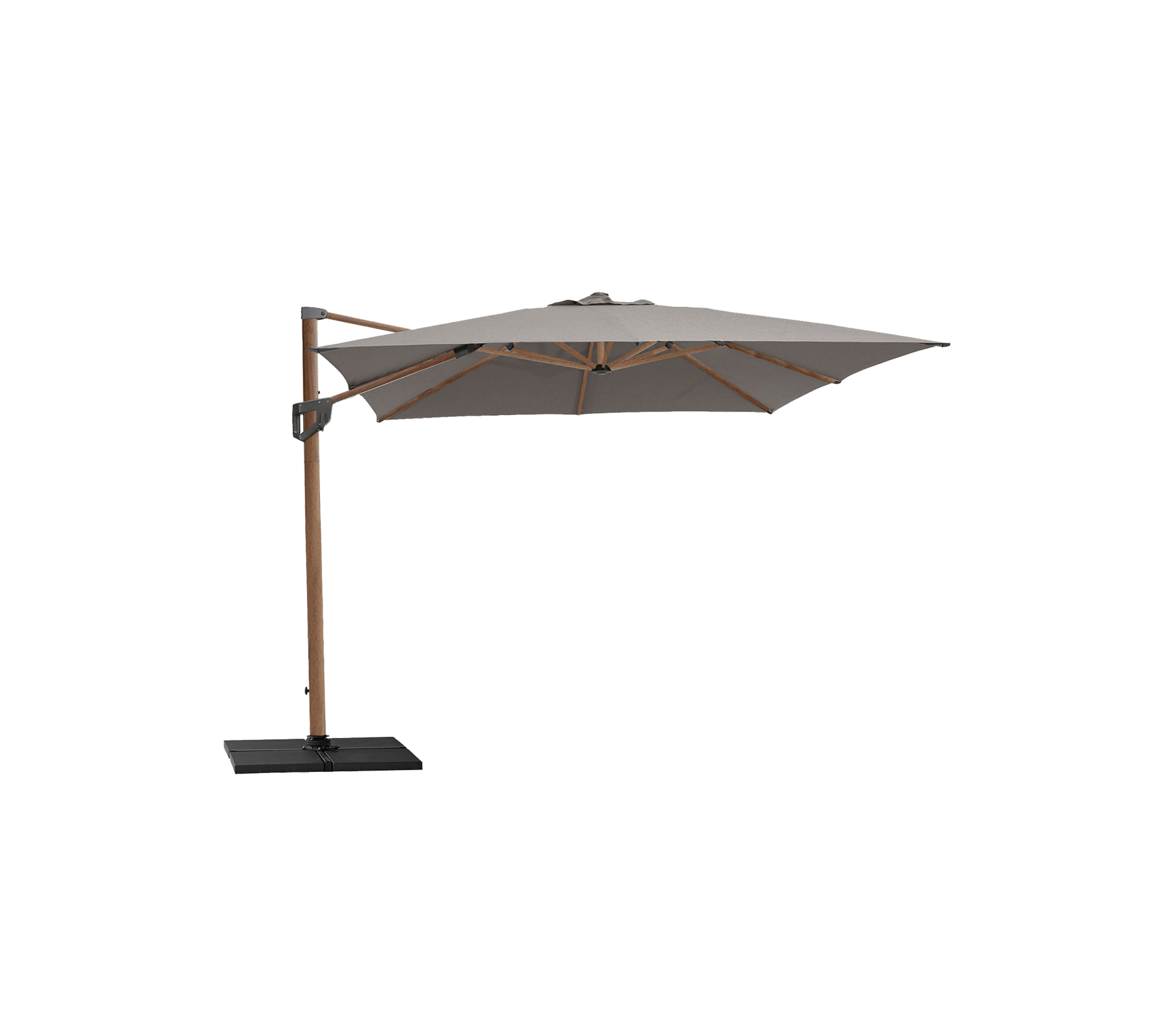 Stylish parasol with a beige canopy and wooden frame, supported by a sturdy black base, perfect for creating shade and enhancing outdoor spaces.