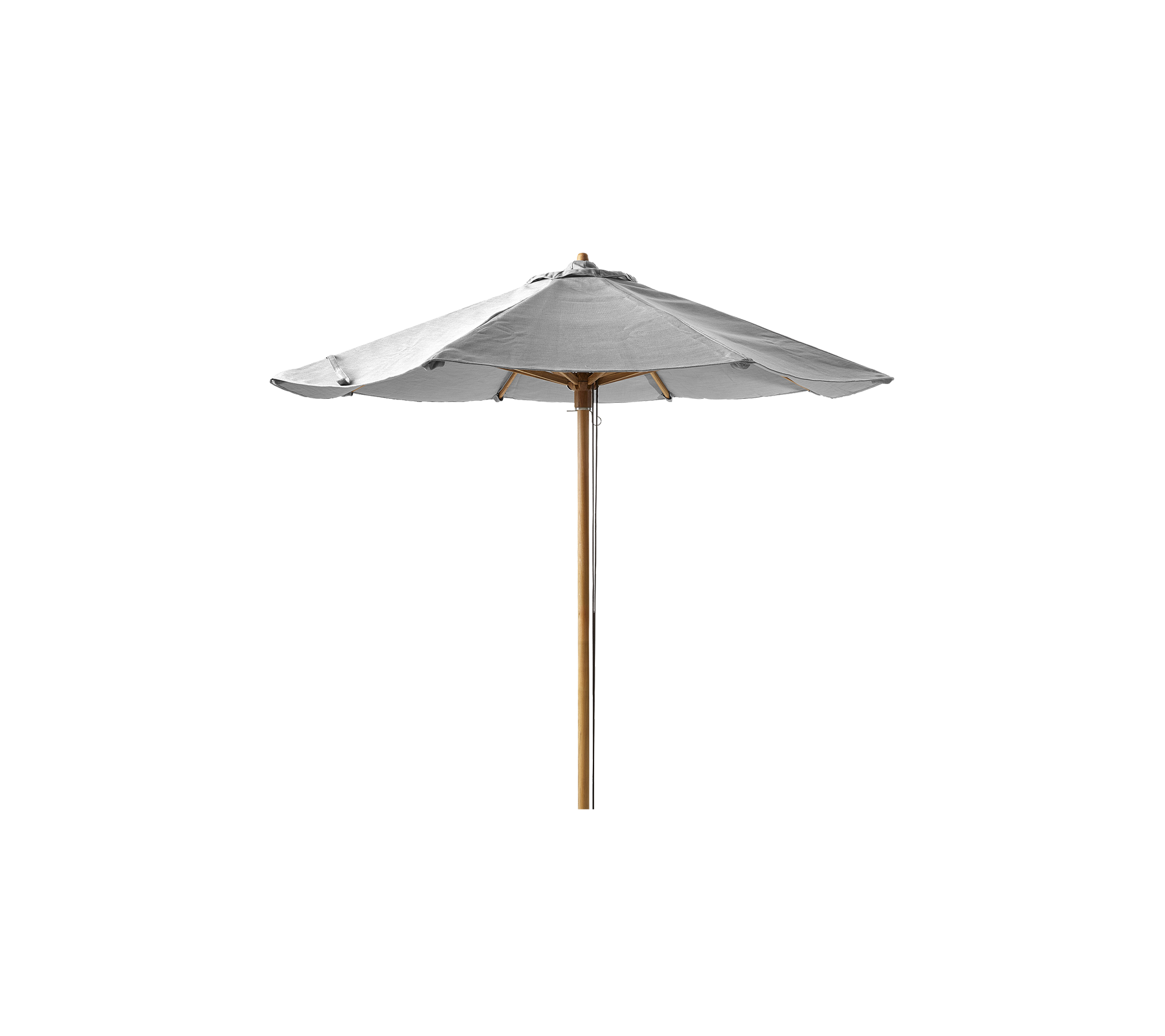 A sleek, white umbrella with a wooden pole, designed for providing shade and enhancing outdoor spaces.