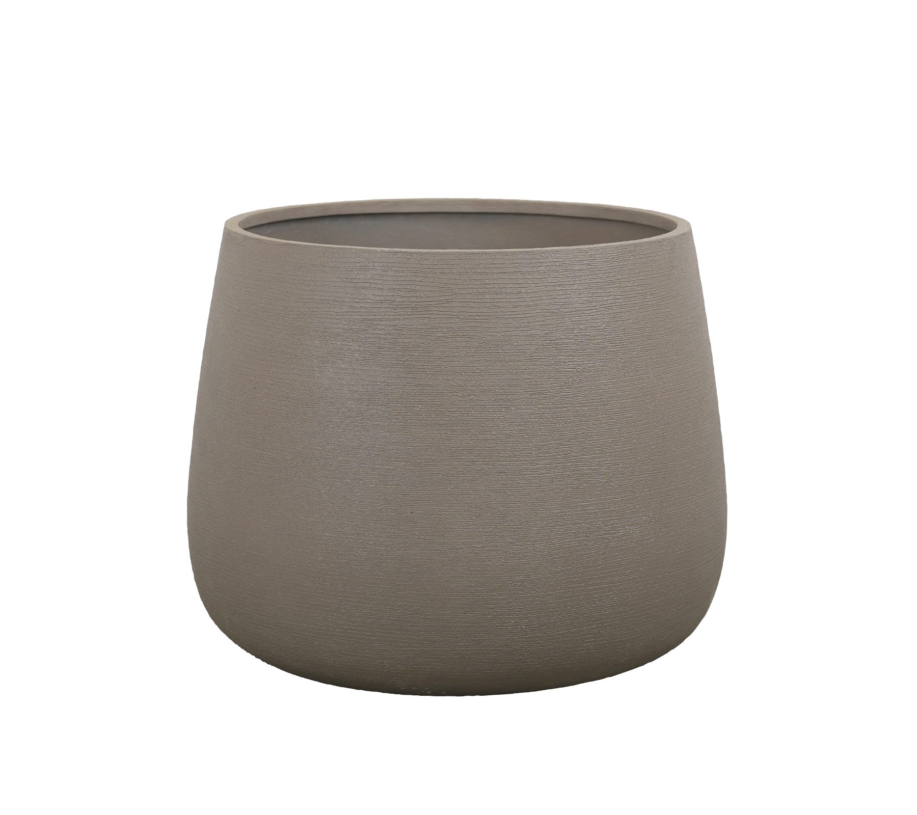 Round taupe planter with a smooth finish.