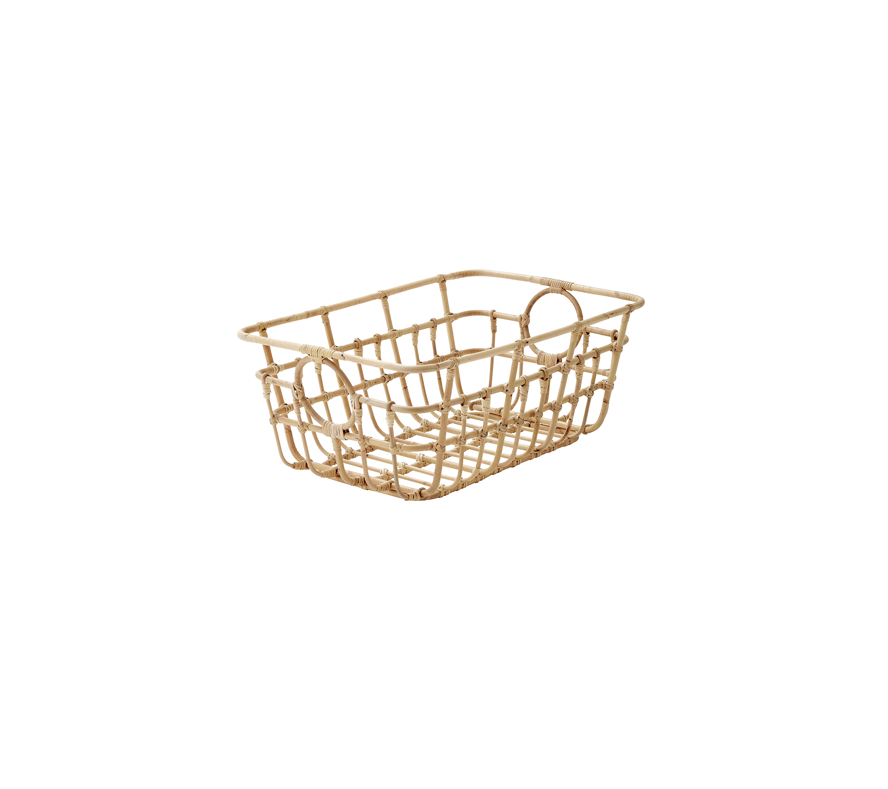 A light wooden storage basket with an open design, ideal for organizing small items or as a decorative container.