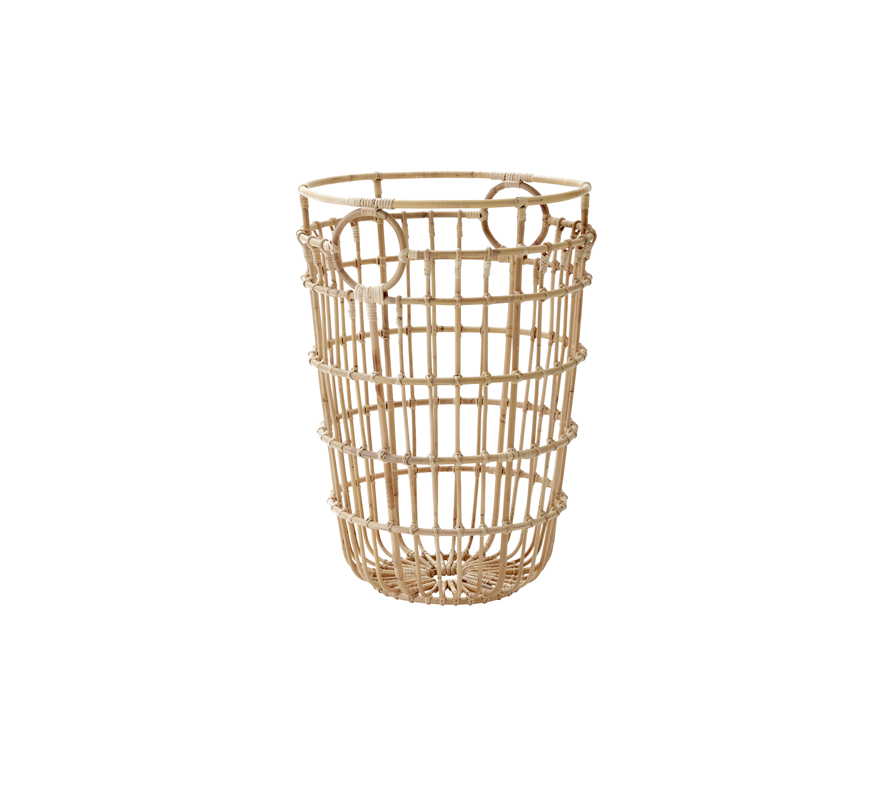 A woven storage basket made of natural material featuring a cylindrical shape with a grid pattern and two handles for easy carrying.