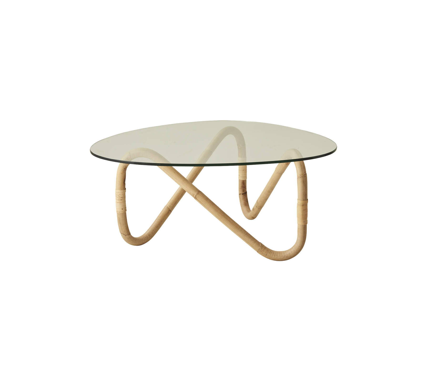 Coffee table featuring a round glass top supported by an elegant, wavy bamboo base, combining modern design with natural materials.