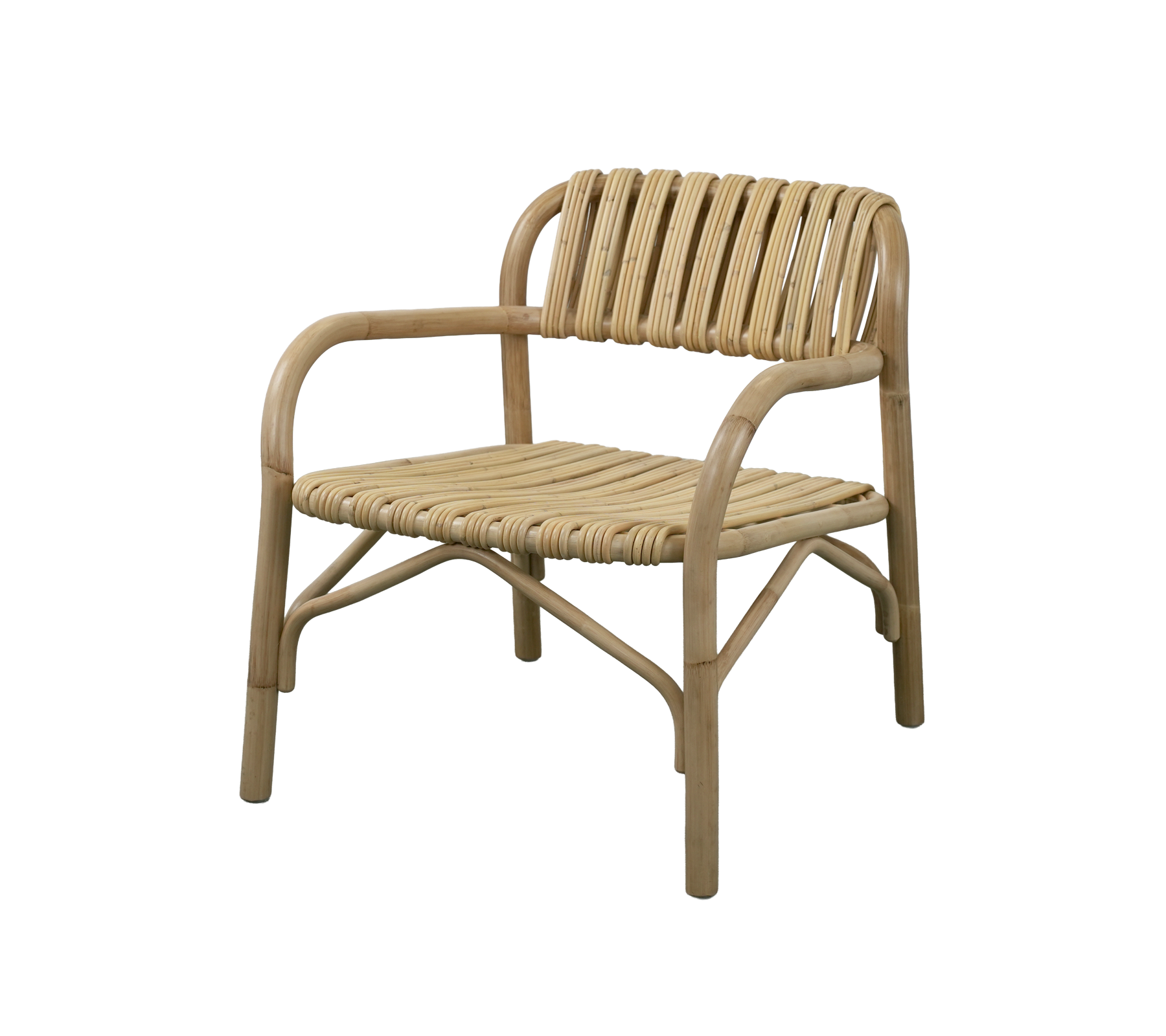 Natural chair with a slatted design and curved armrests.