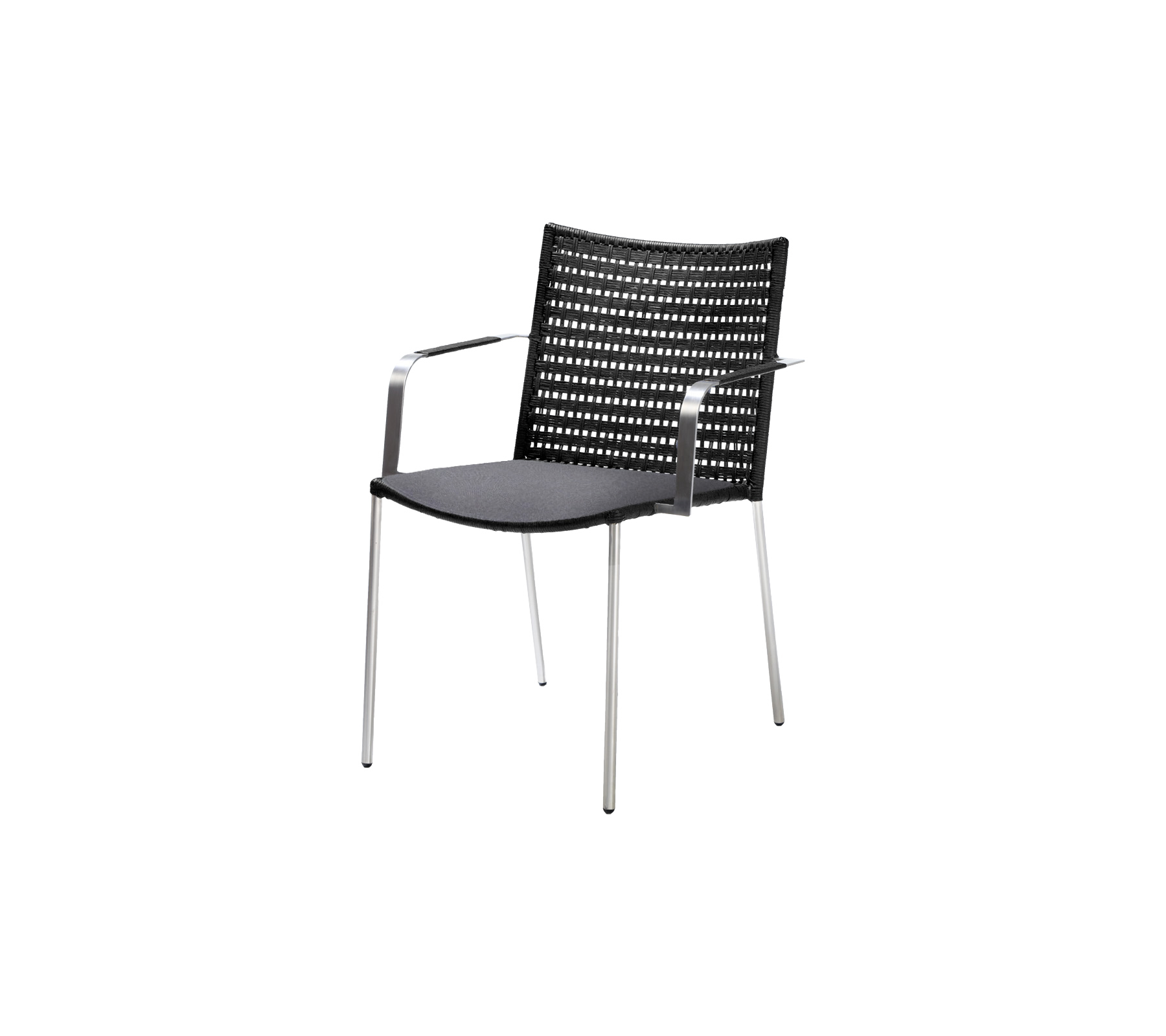 Stylish black chair with a woven back and seat, featuring sleek metal legs for a modern look.