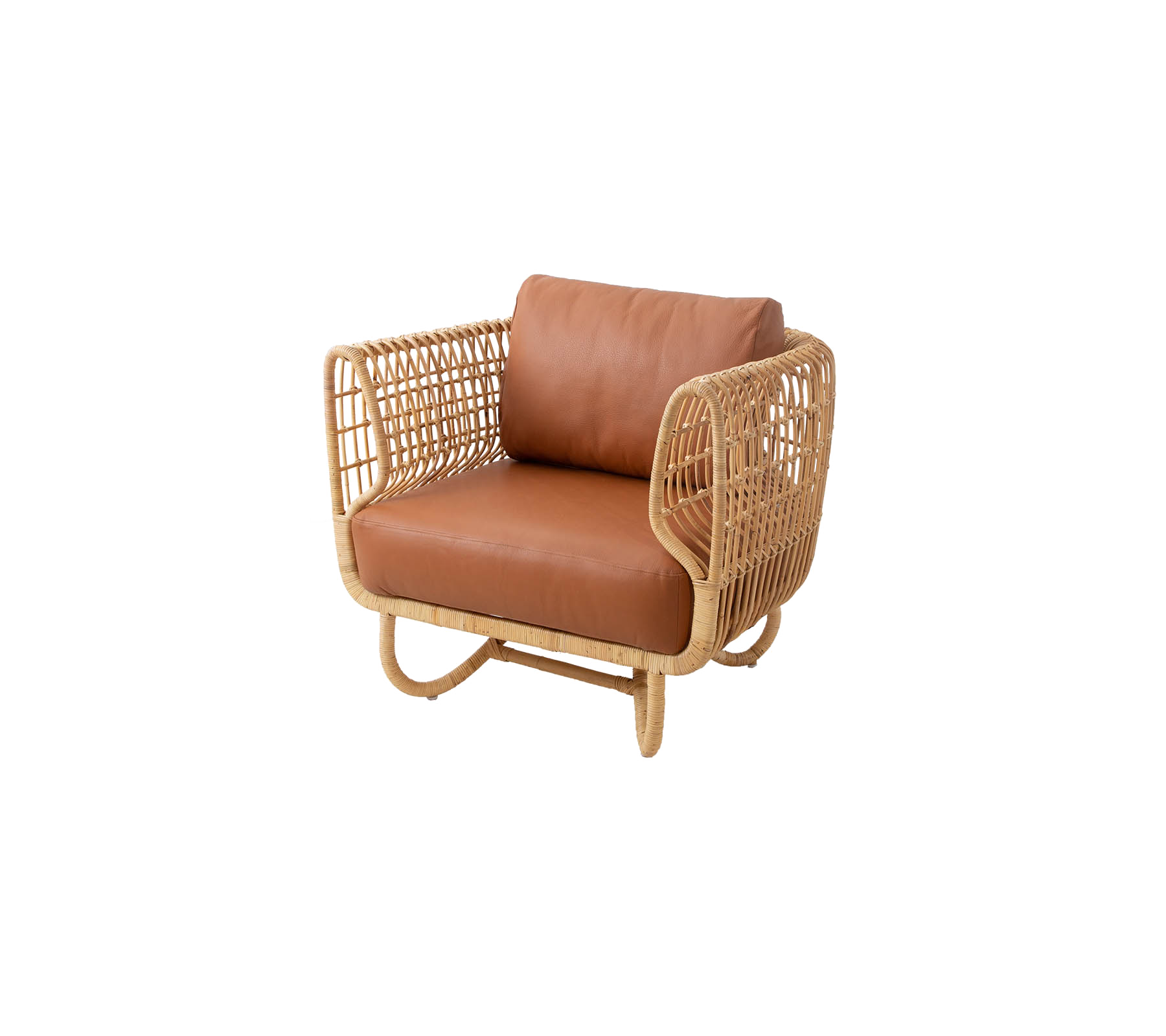 Stylish armchair featuring a rattan frame and brown leather cushion, combining comfort and modern design elements.