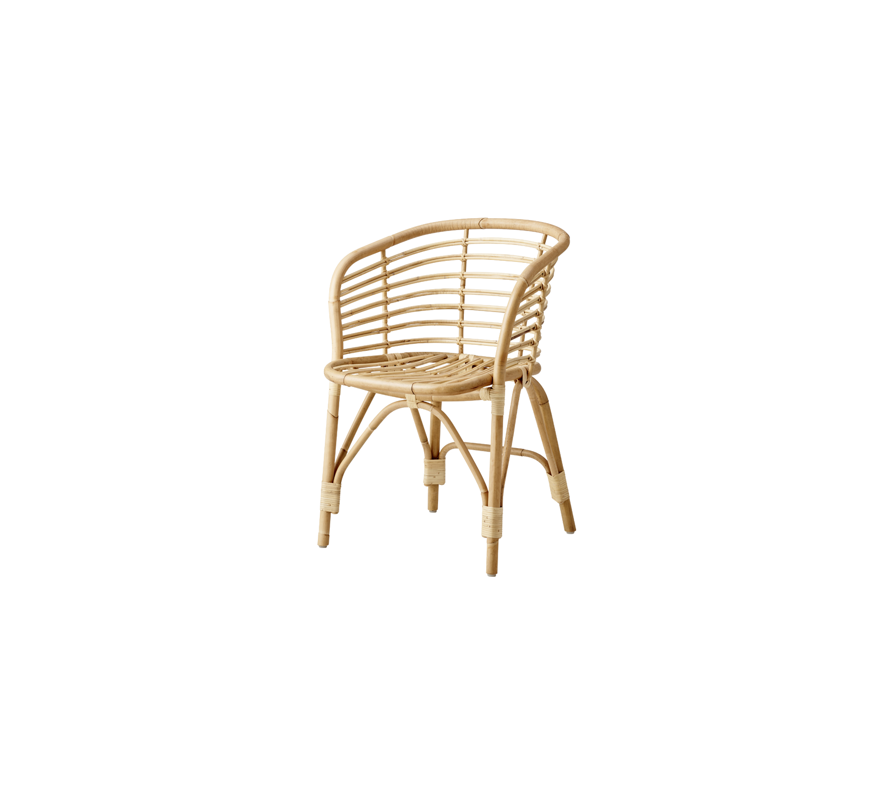 Natural rattan armchair with a curved design and woven patterns, showcasing a light, airy look suitable for various settings.