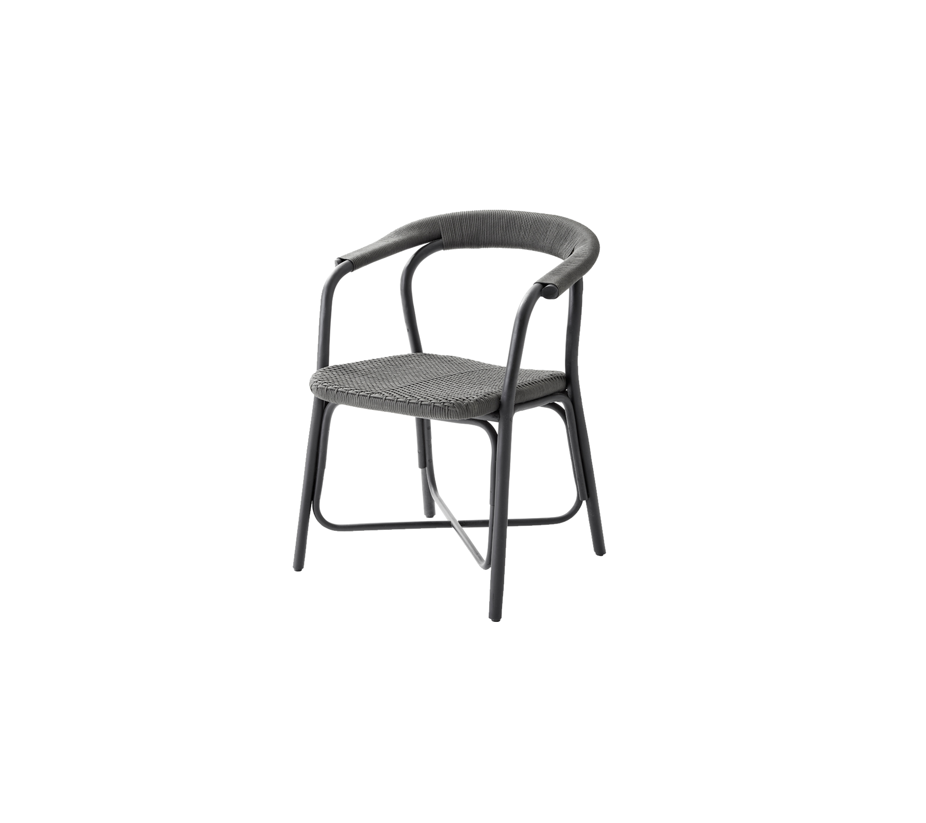Stylish chair with a curved backrest and armrests, featuring a woven seat design and sturdy frame, perfect for modern seating needs.
