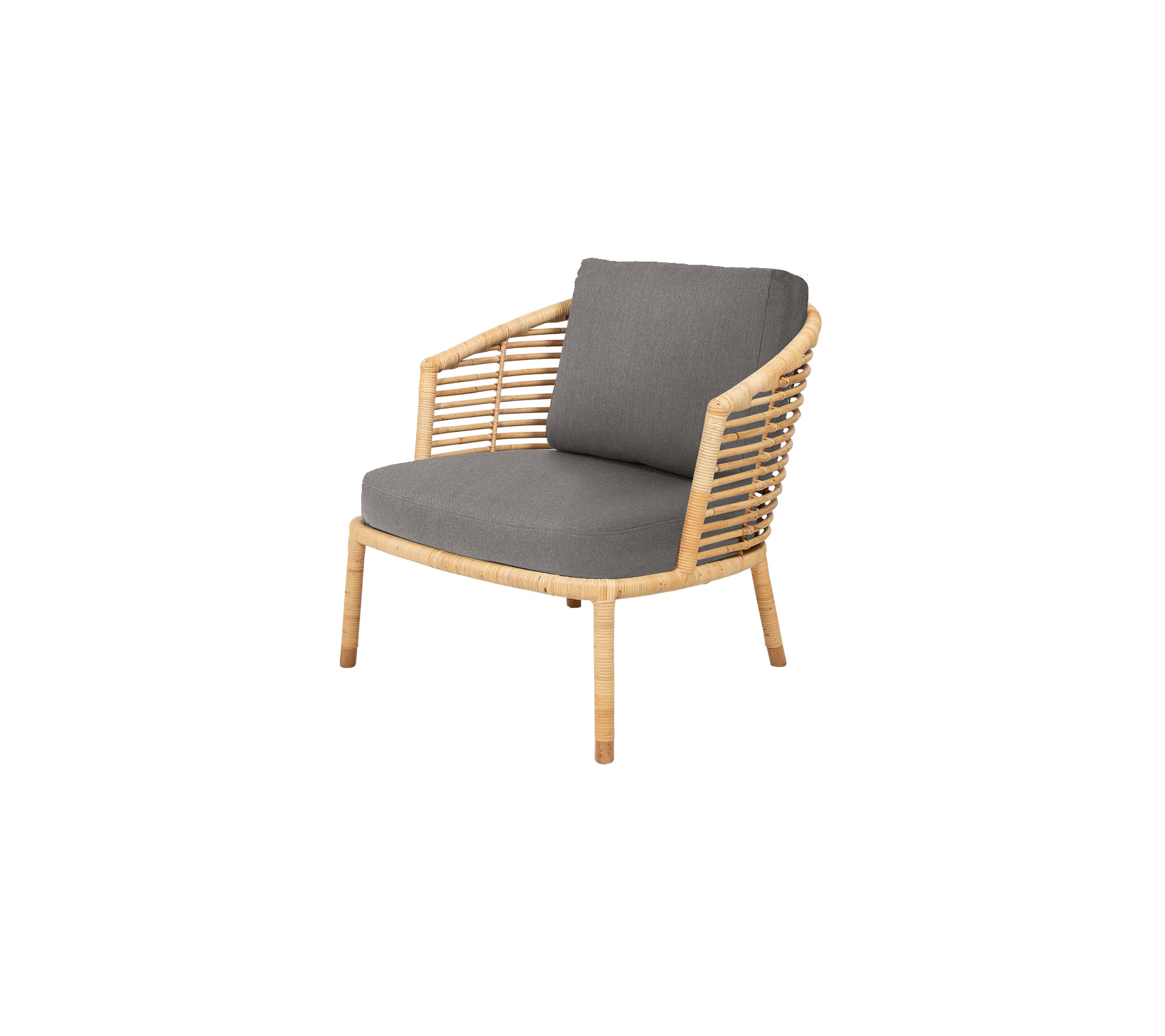 Modern chair with a natural wood frame and gray padded cushions, featuring a stylish slatted backrest for added elegance.