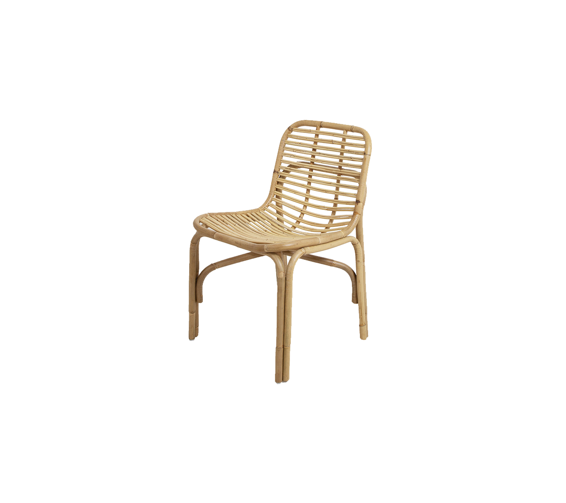 Natural woven chair with a minimalist design, featuring a curved backrest and sturdy legs, perfect for versatile seating.